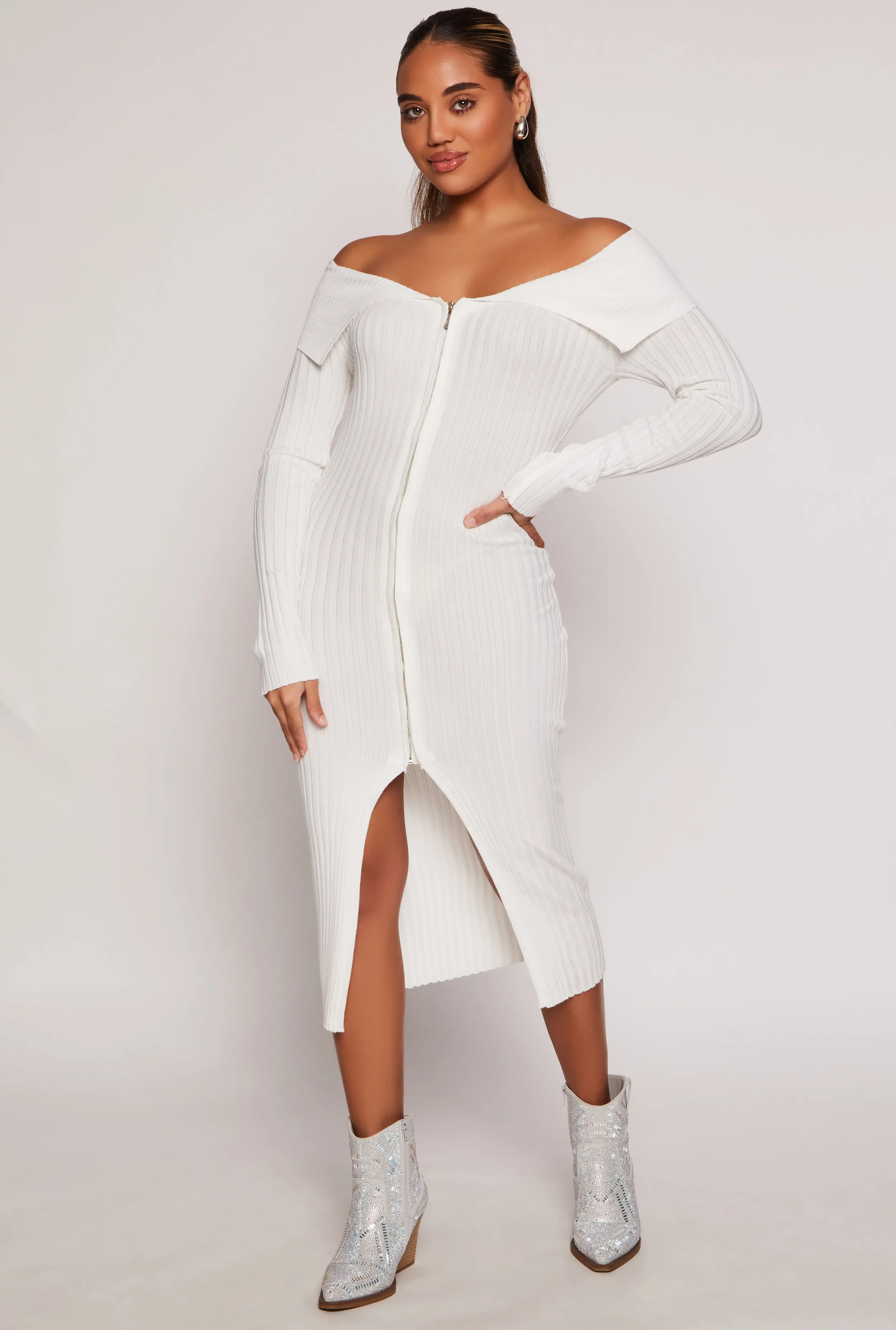 Almost Famous Zip Off the Shoulder Sweater Dress sold by Rainbow product image thumbnail 2