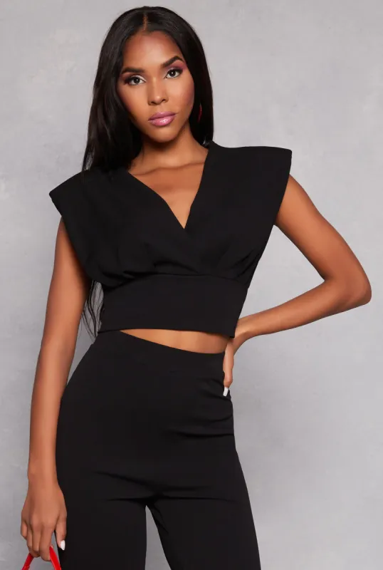 Crepe Knit Padded Shoulder Crop Top sold by Rainbow