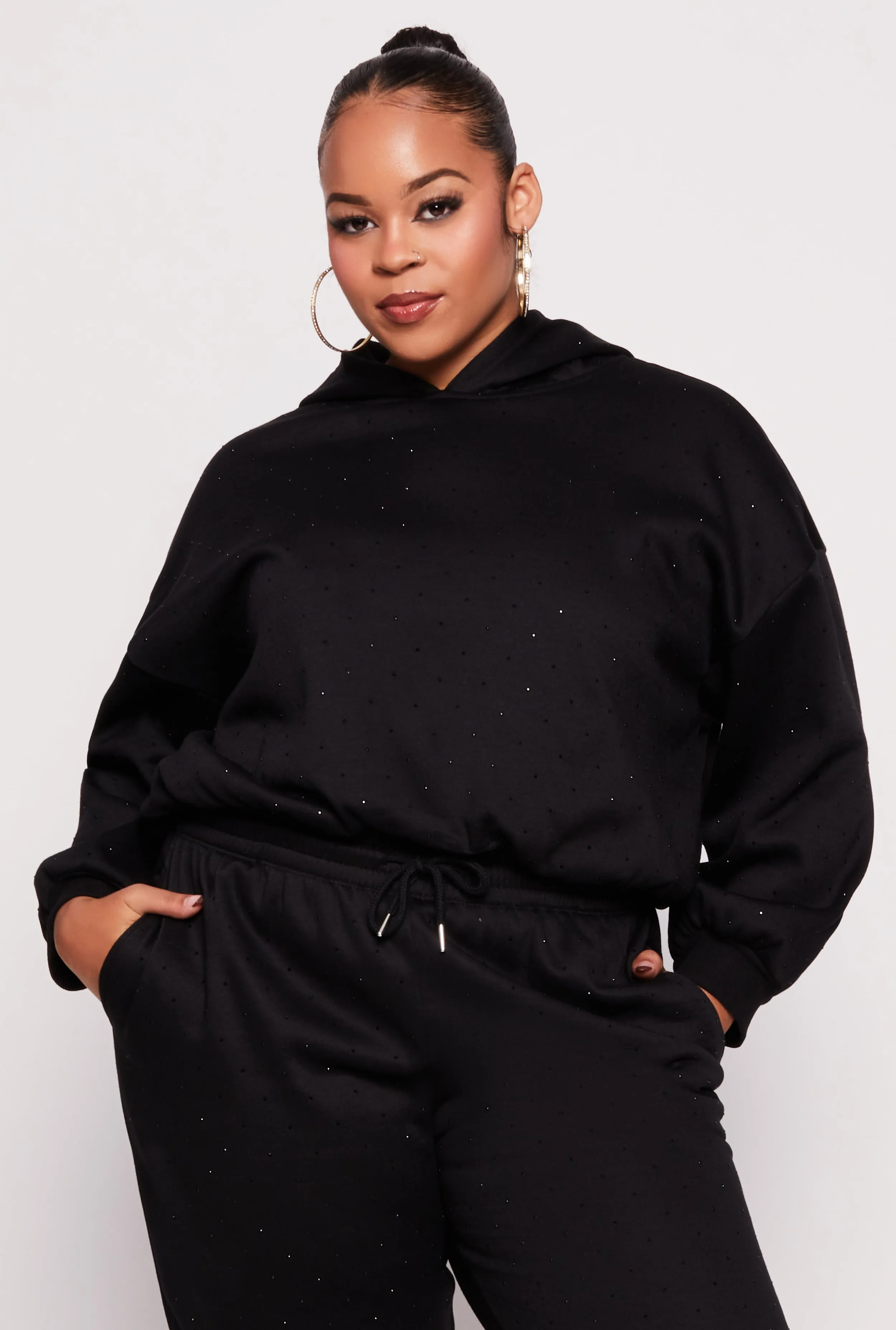 Plus Size Almost Famous Rhinestone Hooded Sweatshirt sold by Rainbow