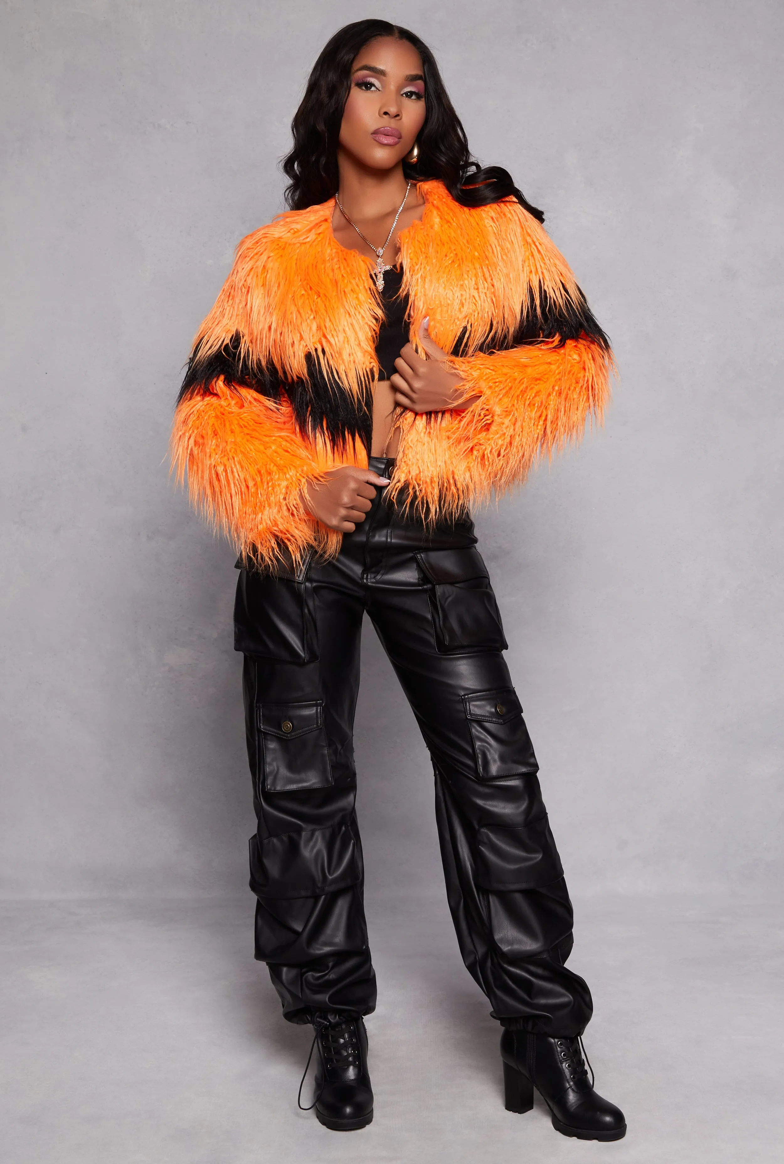 Chevron Detail Shaggy Faux Fur Jacket sold by Rainbow product image thumbnail 2