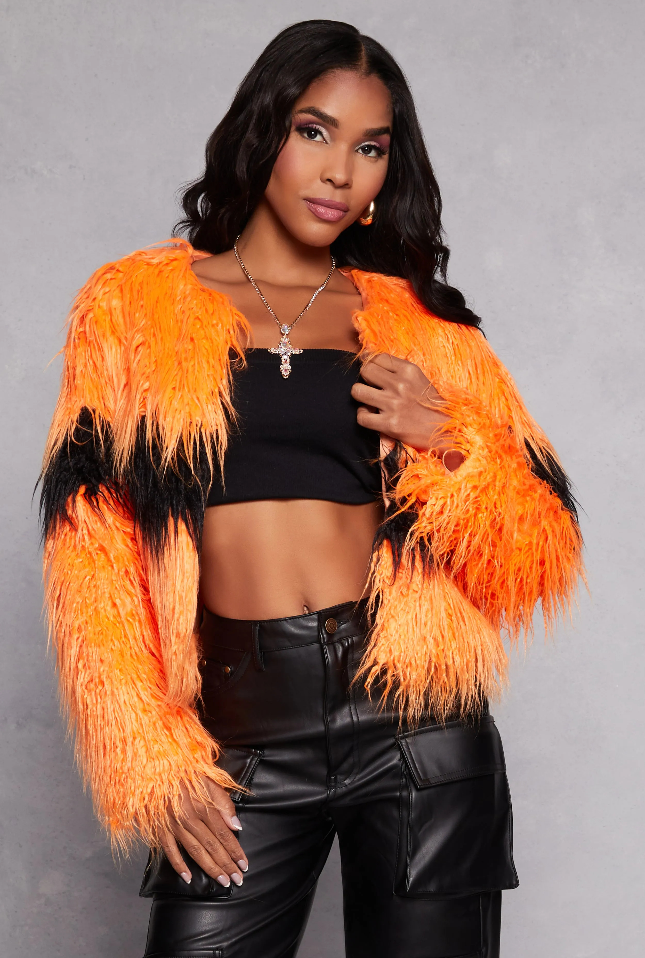 Chevron Detail Shaggy Faux Fur Jacket sold by Rainbow