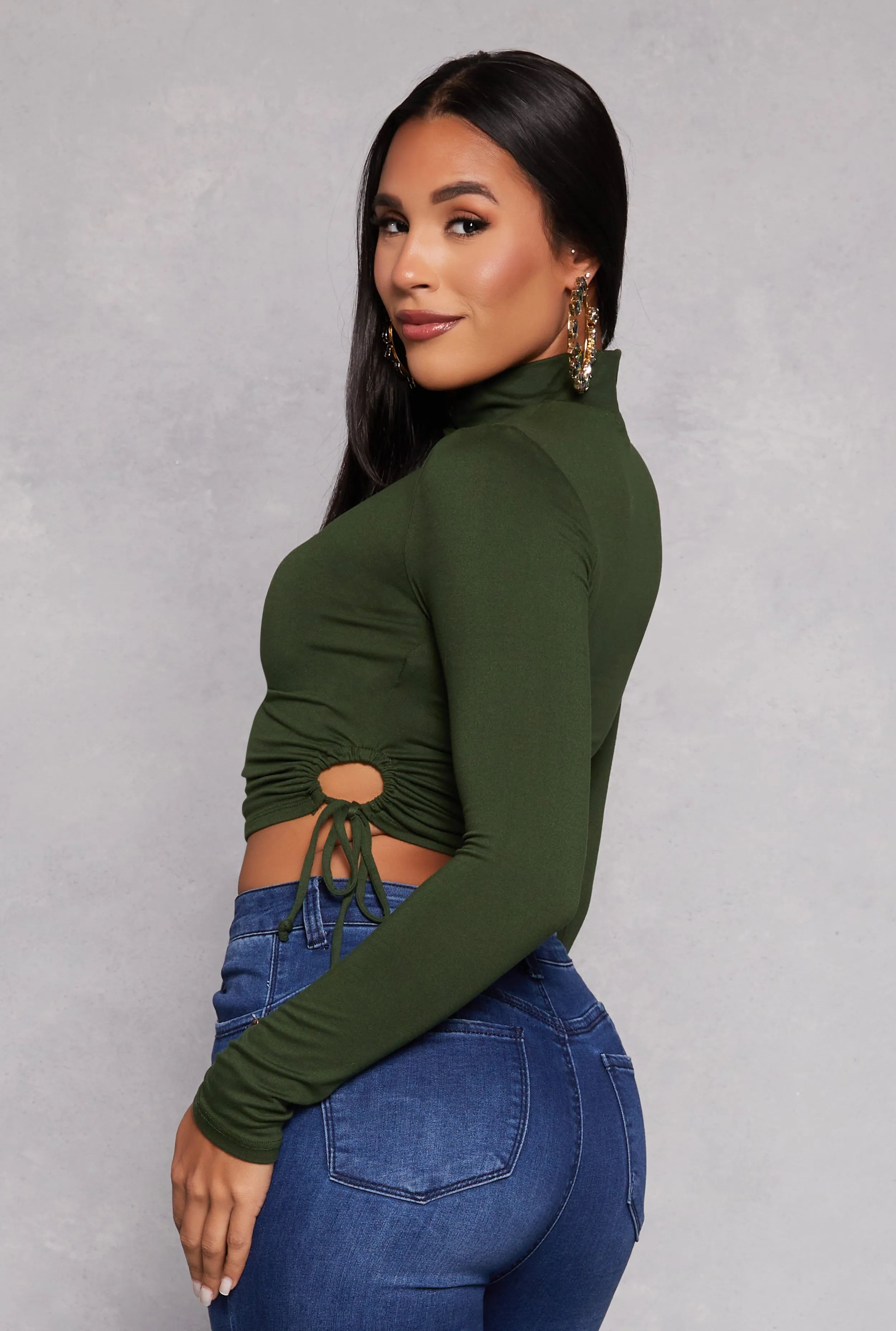 Side Tie Mock Neck Long Sleeve Crop Top sold by Rainbow product image thumbnail 3