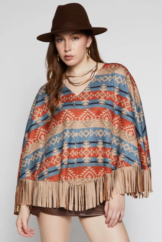 Faux Suede Aztec Print Fringe Poncho made by Rainbow
