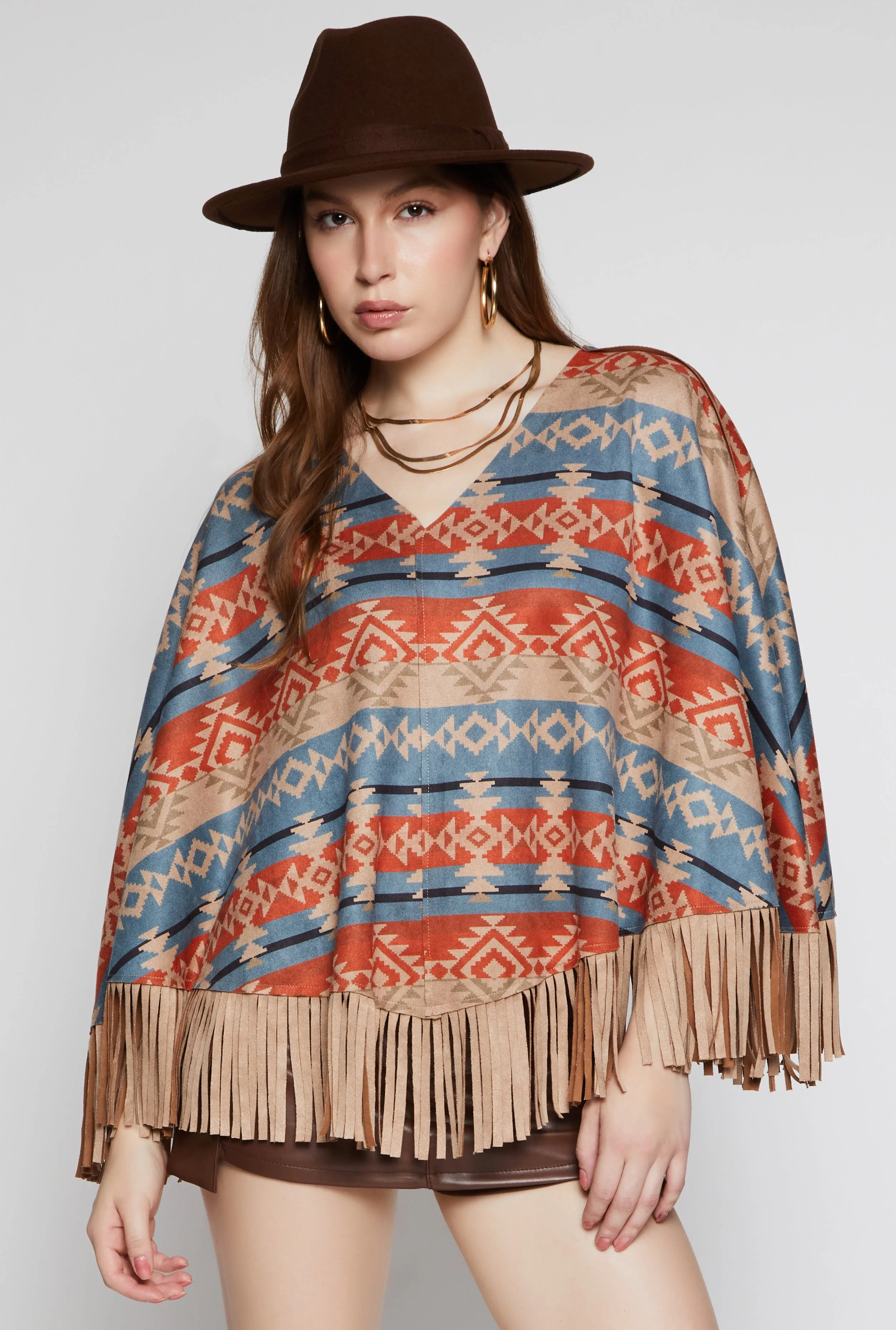 Faux Suede Aztec Print Fringe Poncho sold by Rainbow