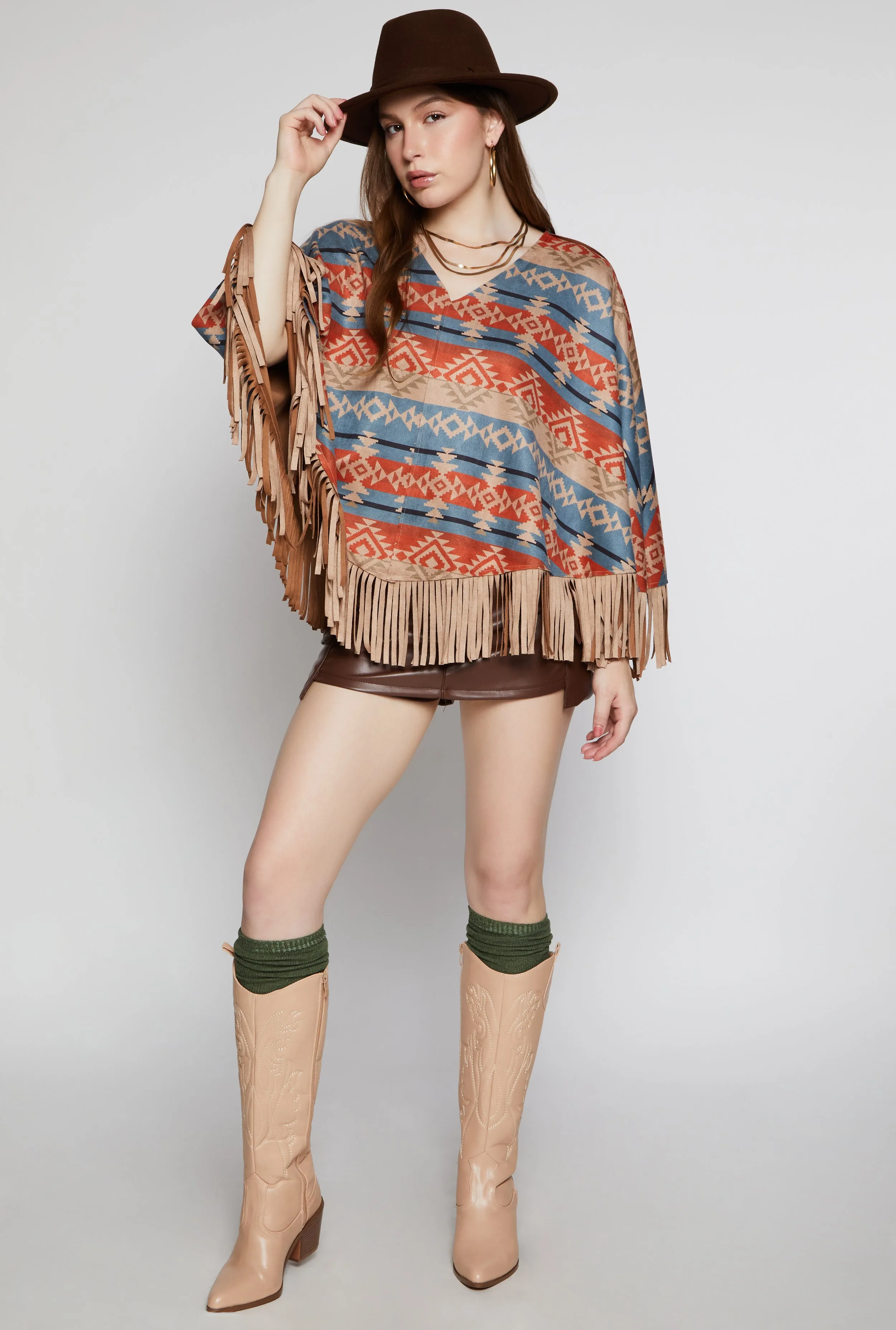 Faux Suede Aztec Print Fringe Poncho sold by Rainbow product image thumbnail 2