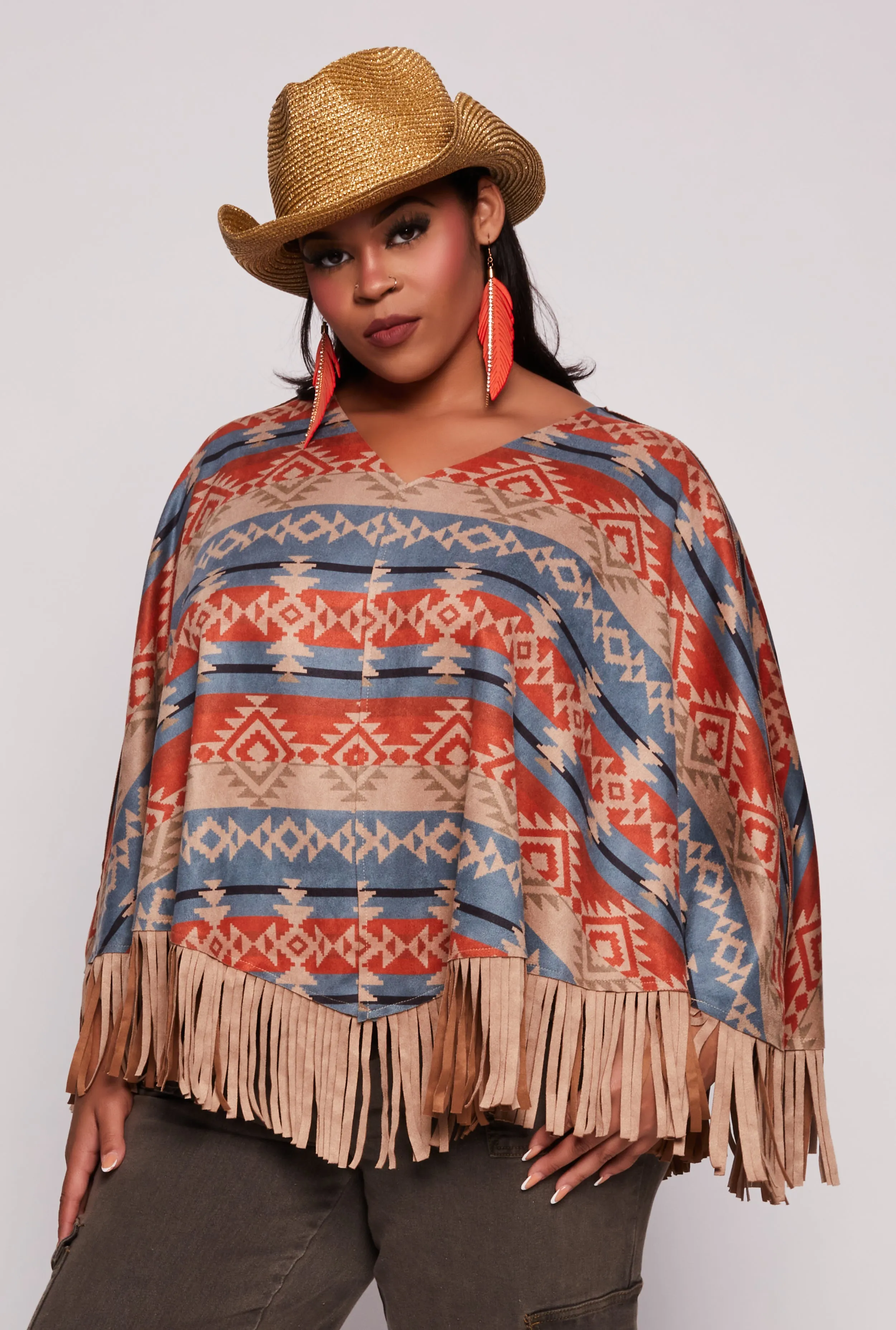 Faux Suede Aztec Print Fringe Poncho sold by Rainbow product image thumbnail 5