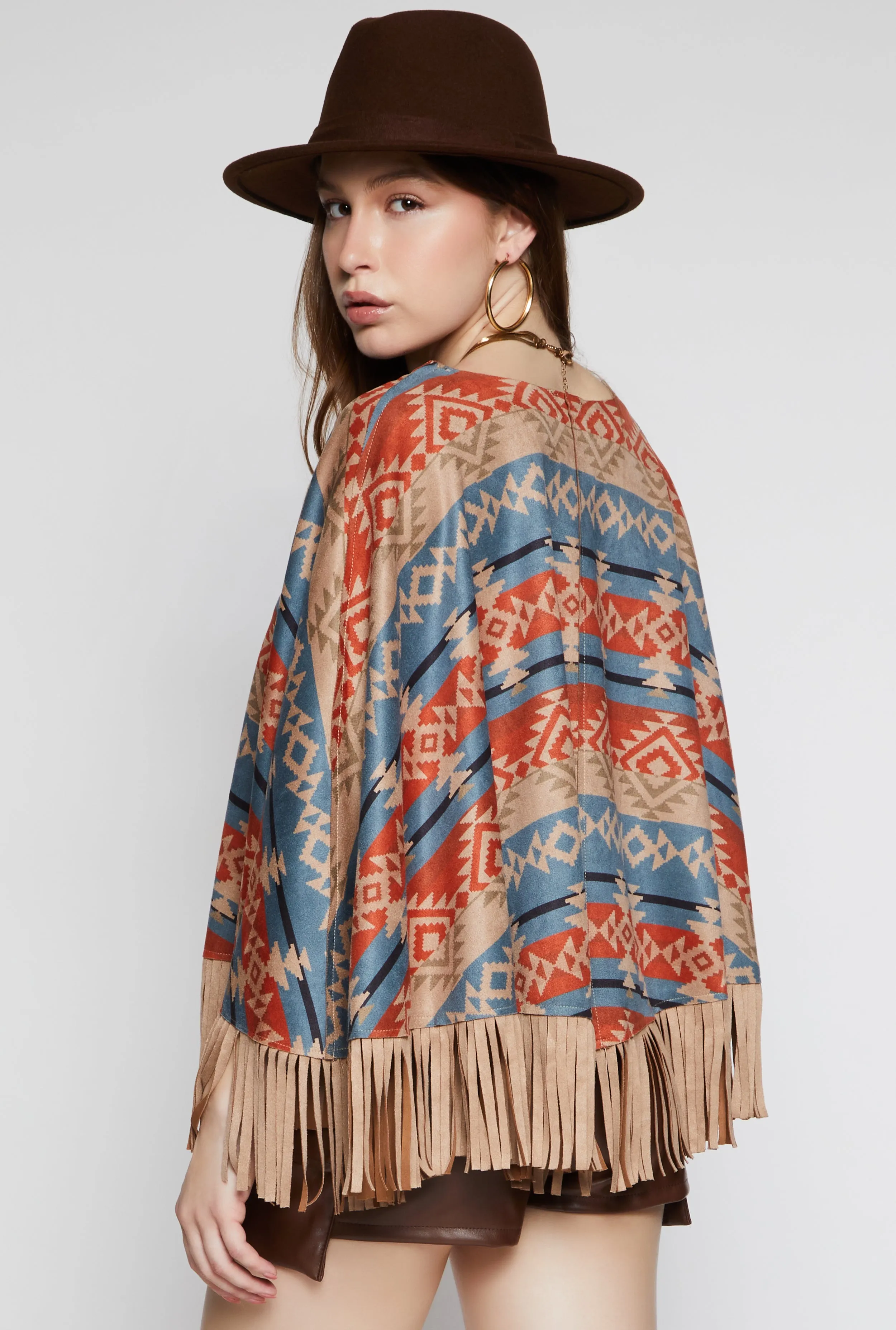 Faux Suede Aztec Print Fringe Poncho sold by Rainbow product image thumbnail 3