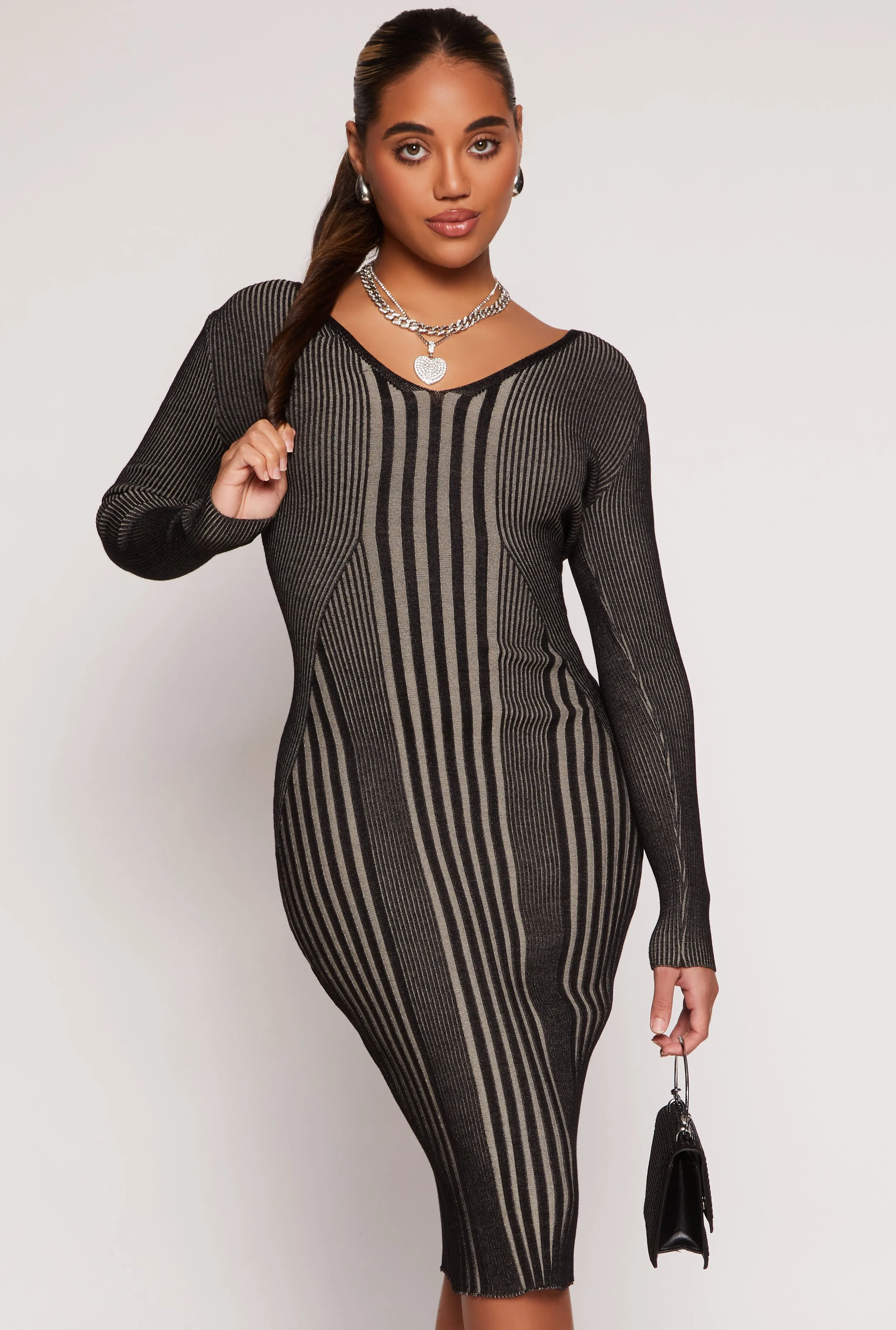 Almost Famous Ribbed Knit Shadow Stripe Midi Sweater Dress sold by Rainbow