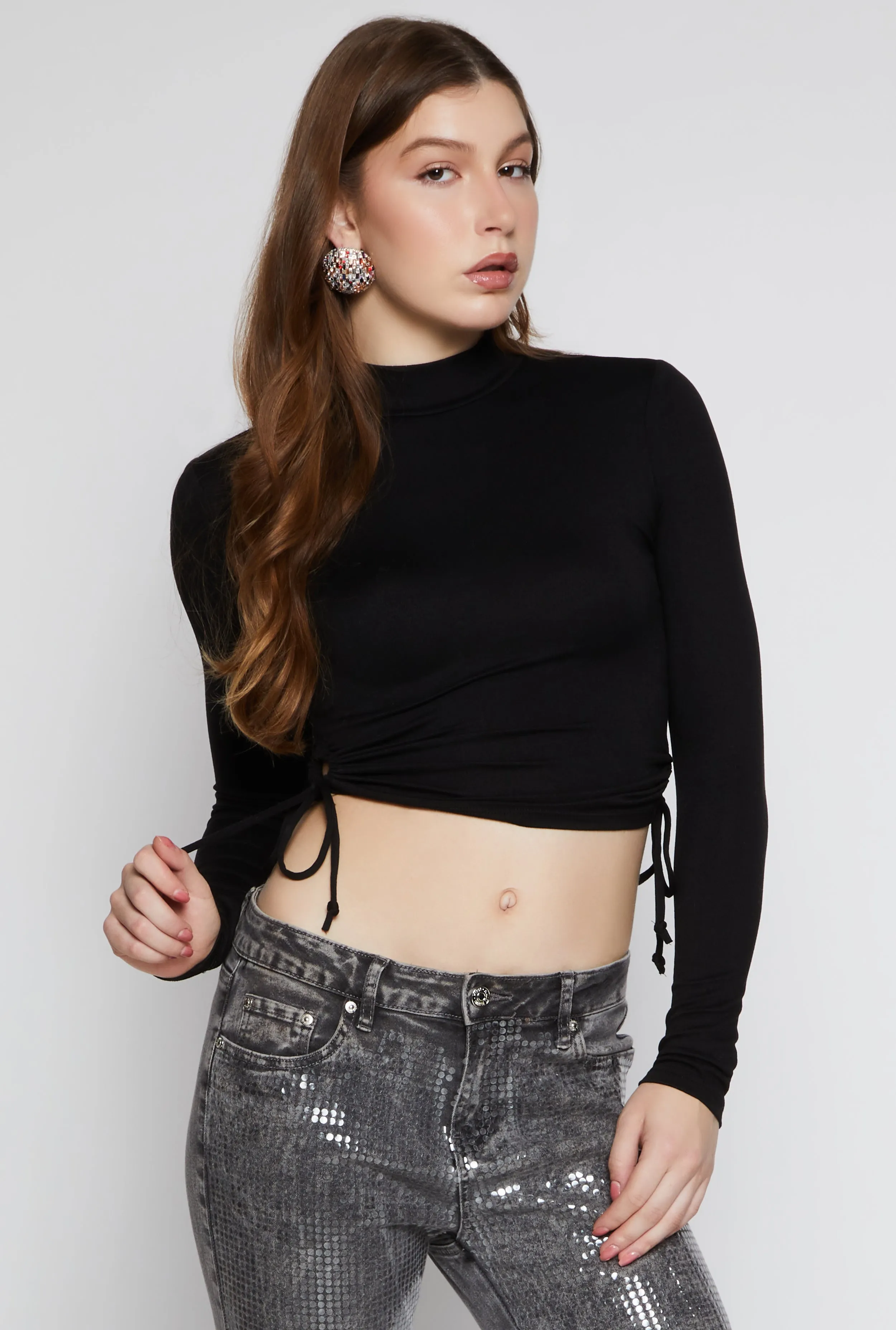 Side Tie Mock Neck Long Sleeve Crop Top sold by Rainbow