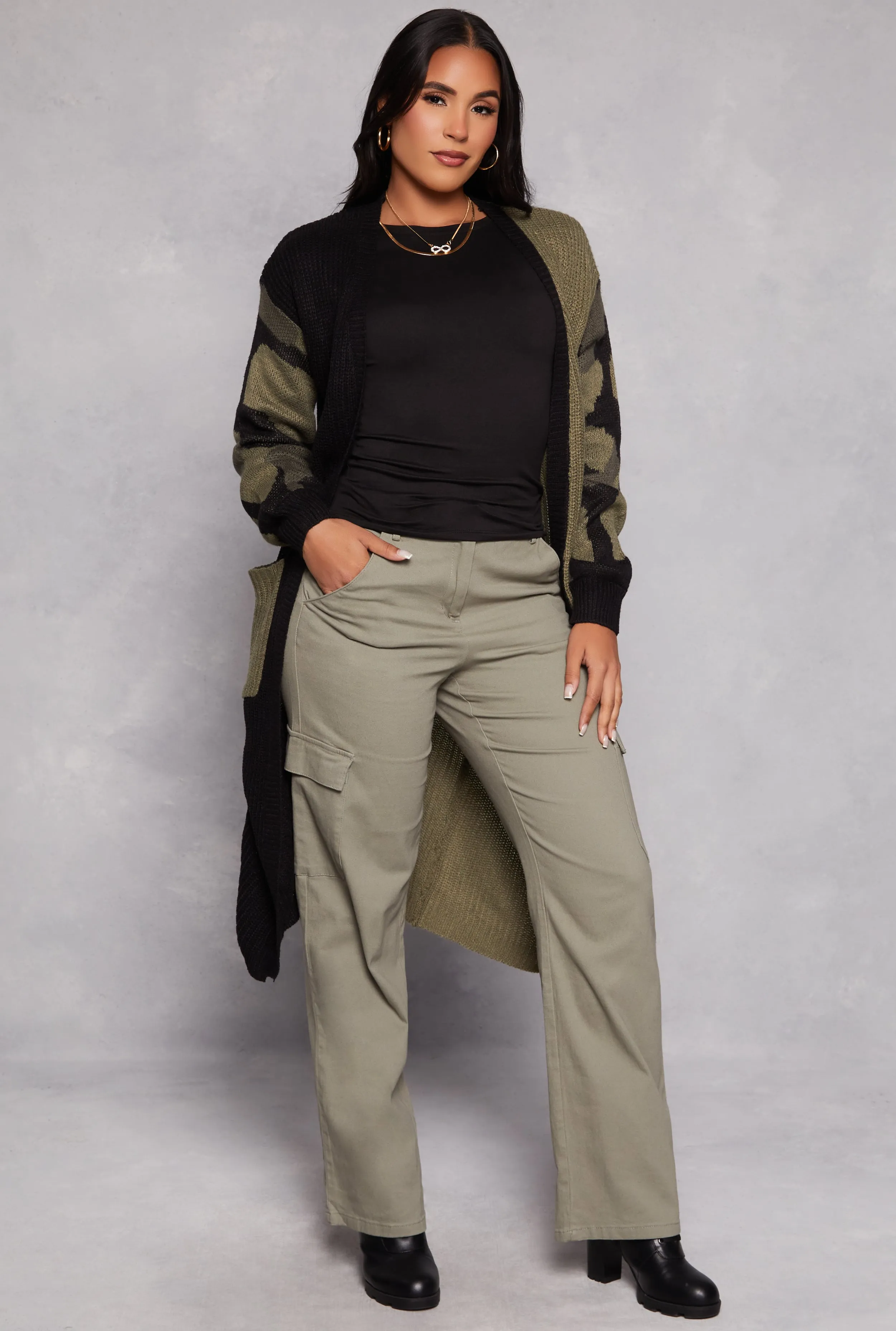 Camo Color Block Knit Long Cardigan sold by Rainbow
