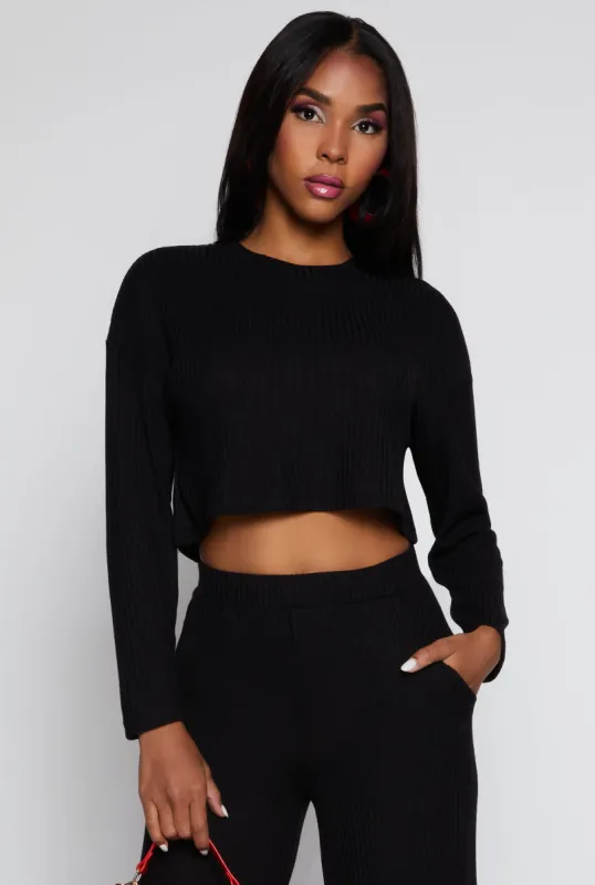 Ribbed Brushed Knit Long Sleeve Crop Top sold by Rainbow