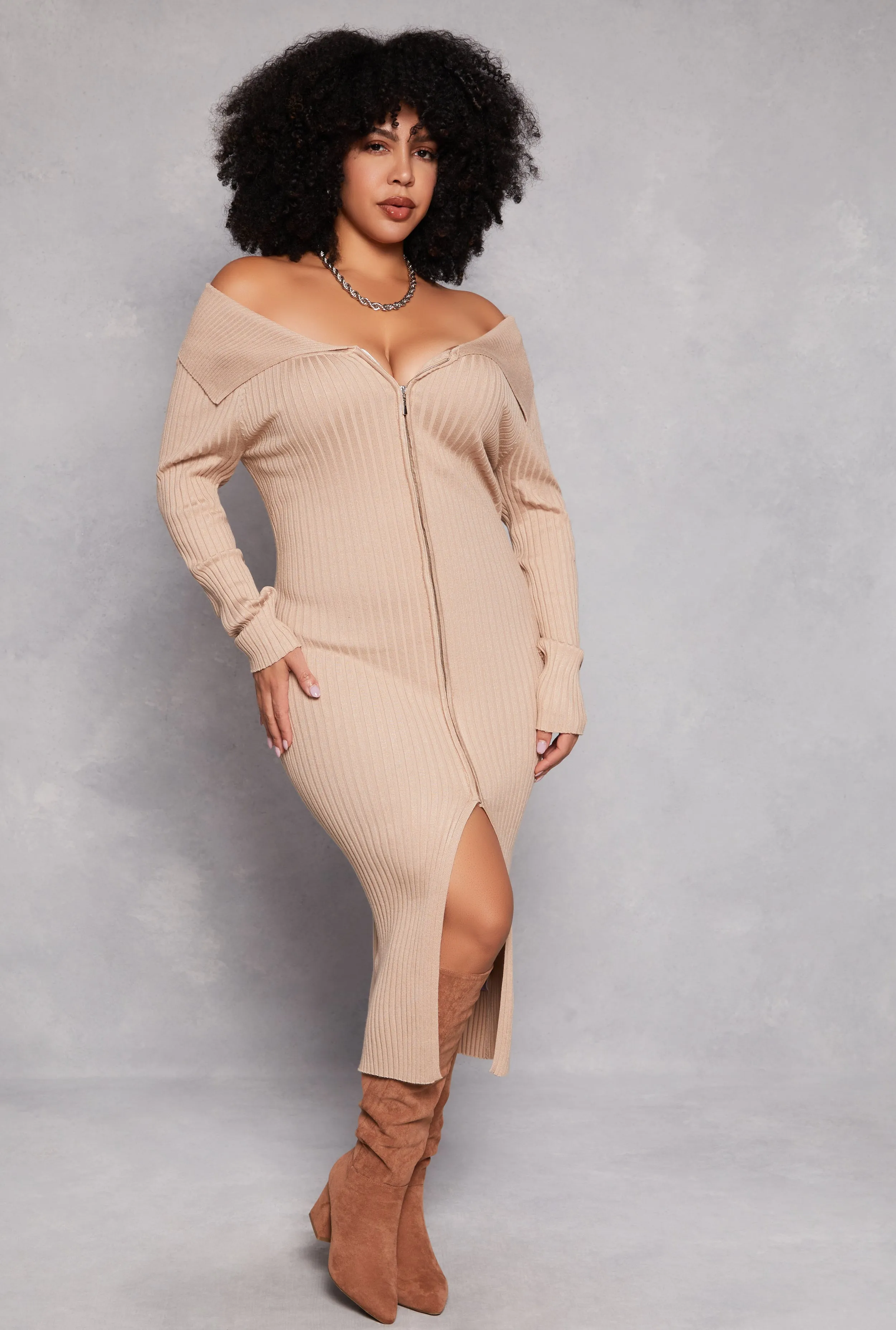 Plus Size Almost Famous Zip Front Sweater Dress sold by Rainbow