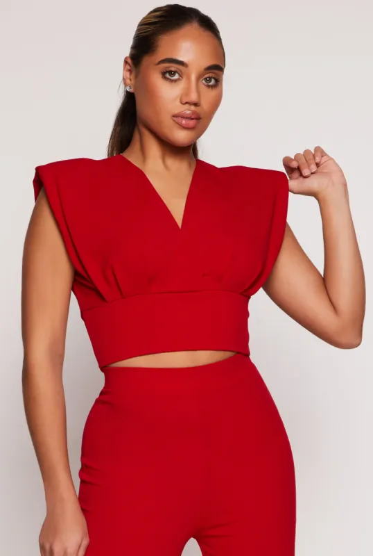 Crepe Knit Padded Shoulder Crop Top sold by Rainbow