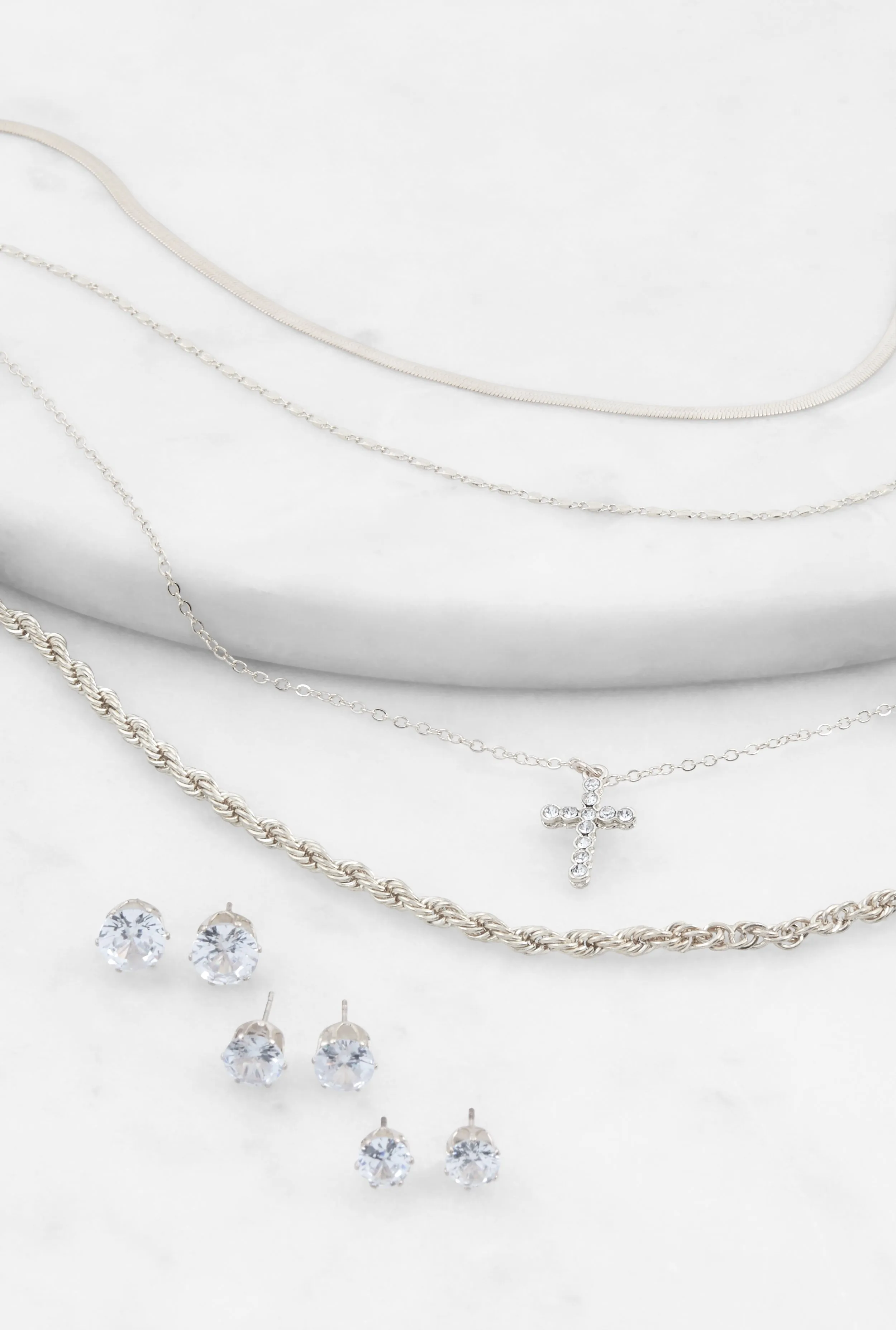 Cross Charm Layered Necklace with Stud Earring Trio sold by Rainbow