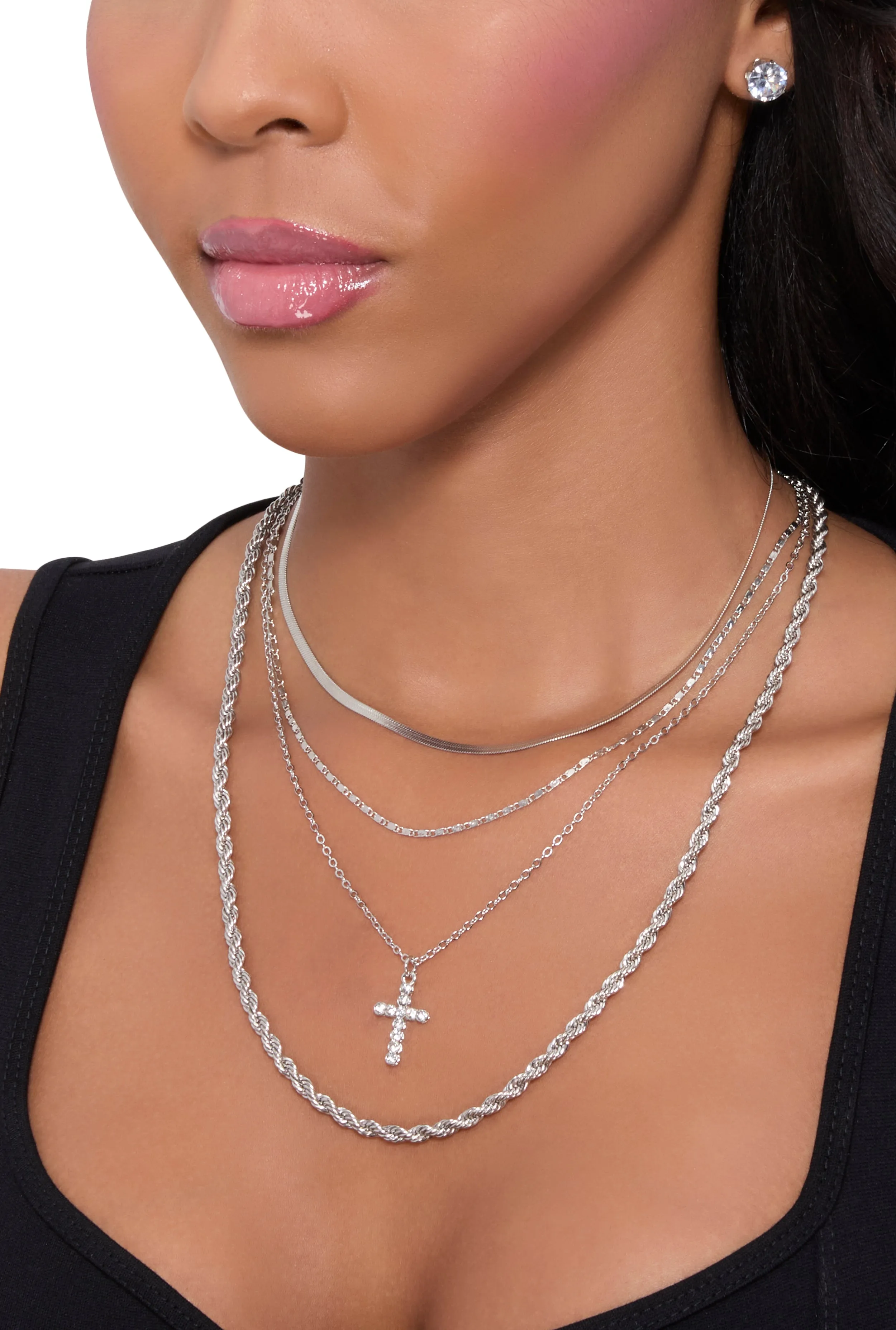 Cross Charm Layered Necklace with Stud Earring Trio sold by Rainbow product image thumbnail 2