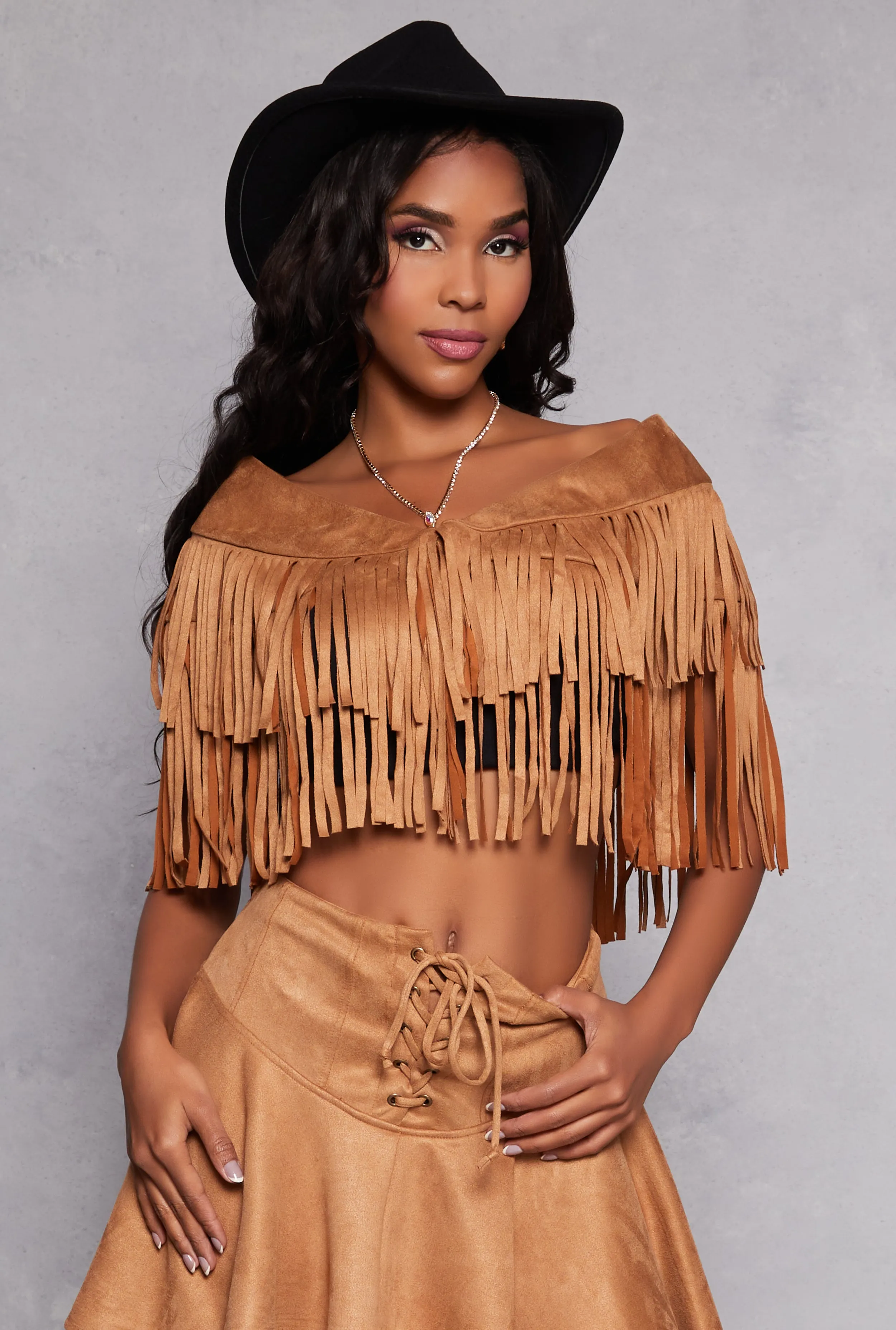Faux Suede Fringe Bolero Vest sold by Rainbow
