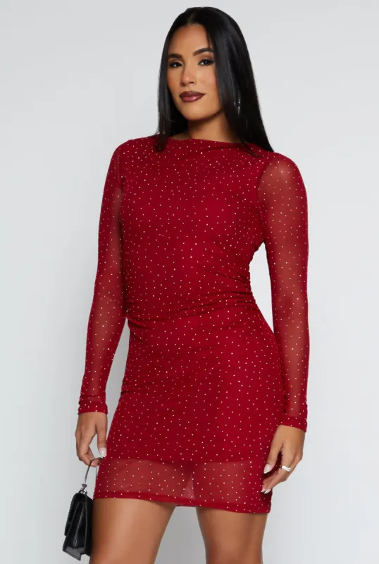 Haute Monde Rhinestone Long Sleeve Mini Dress sold by Rainbow