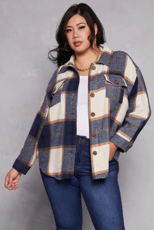 Plus Size Plaid Brushed Knit Flannel Shacket sold by Rainbow