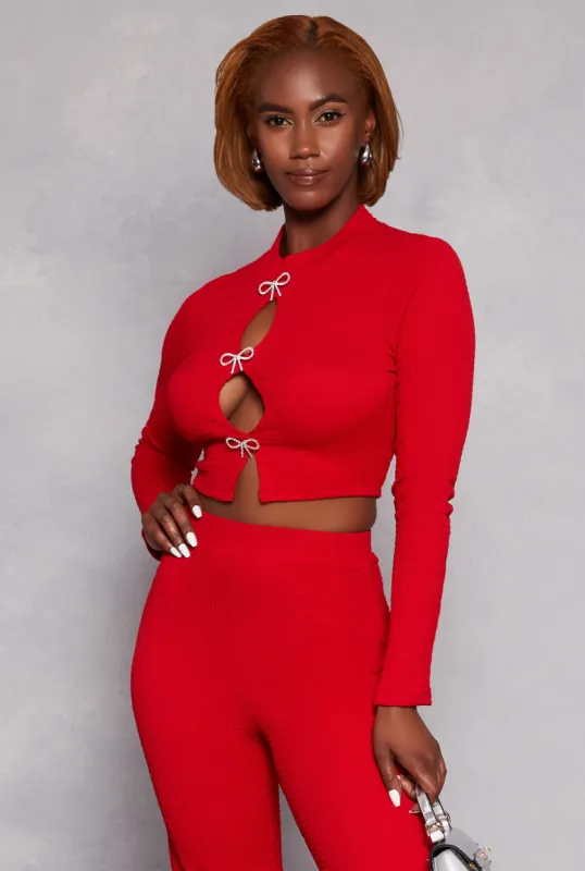 Rhinestone Bow Cut Out Crop Top sold by Rainbow