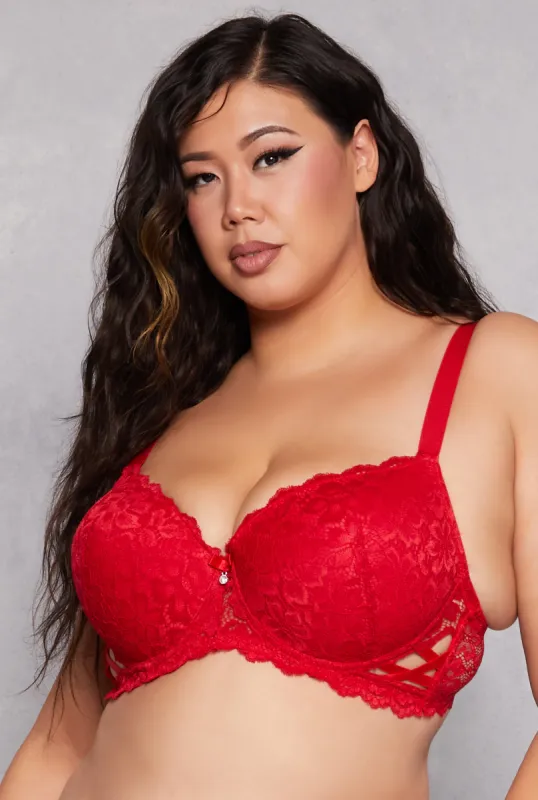 Plus Size Floral Lace Caged Side Plunge Bra sold by Rainbow
