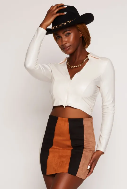 Faux Leather Shirt Collar Crop Top sold by Rainbow