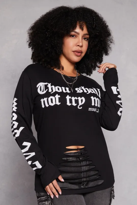 Plus Size Thou Shall Not Try Me Sequin Laser Cut Tee sold by Rainbow