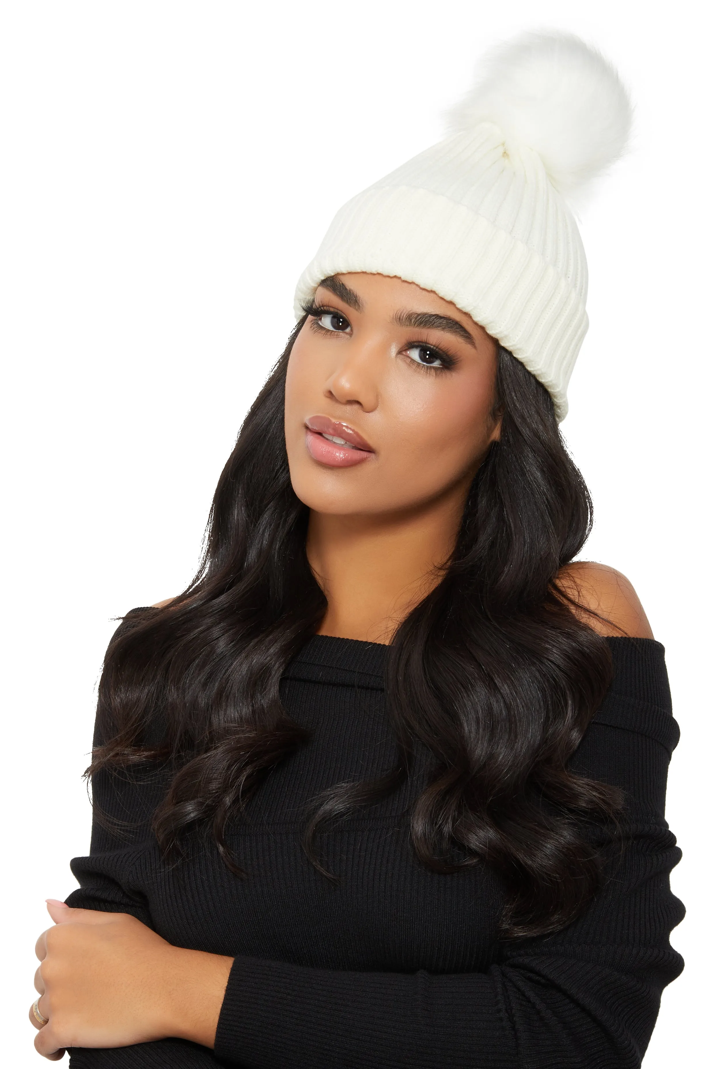 Ribbed Knit Faux Fur Pom Pom Beanie sold by Rainbow