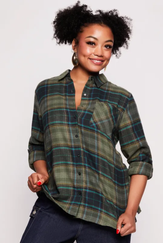 Plus Size Lurex Plaid Tabbed Sleeve Shirt sold by Rainbow