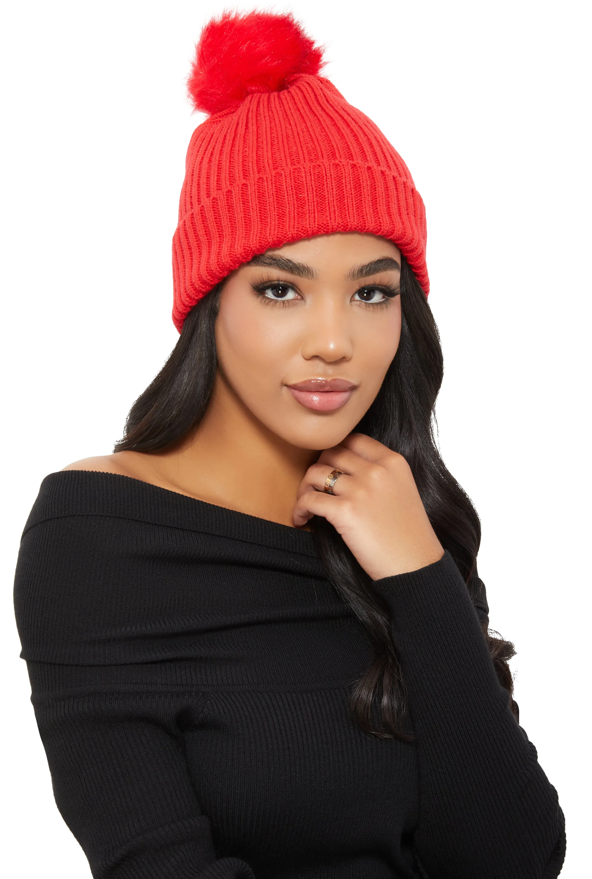 Ribbed Knit Faux Fur Pom Pom Beanie sold by Rainbow
