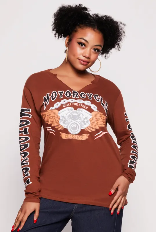 Plus Size Motorcycle Graphic Long Sleeve Top sold by Rainbow