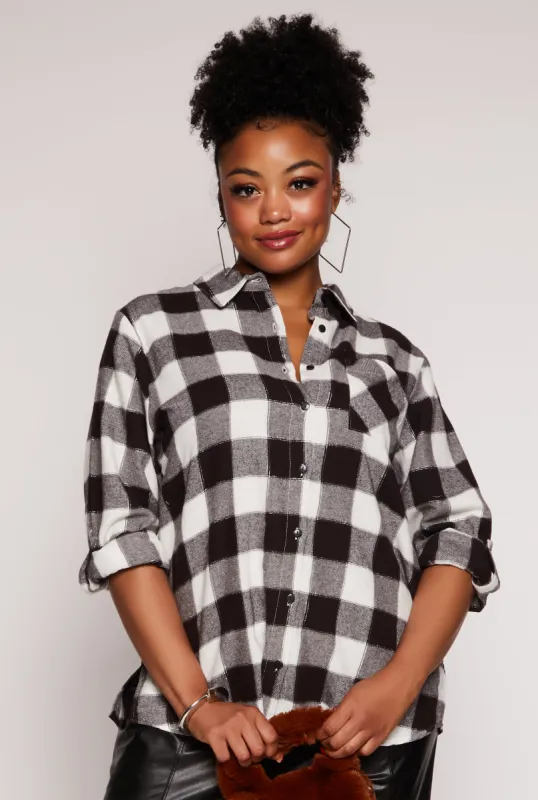 Plus Size Lurex Plaid Tabbed Sleeve Shirt sold by Rainbow