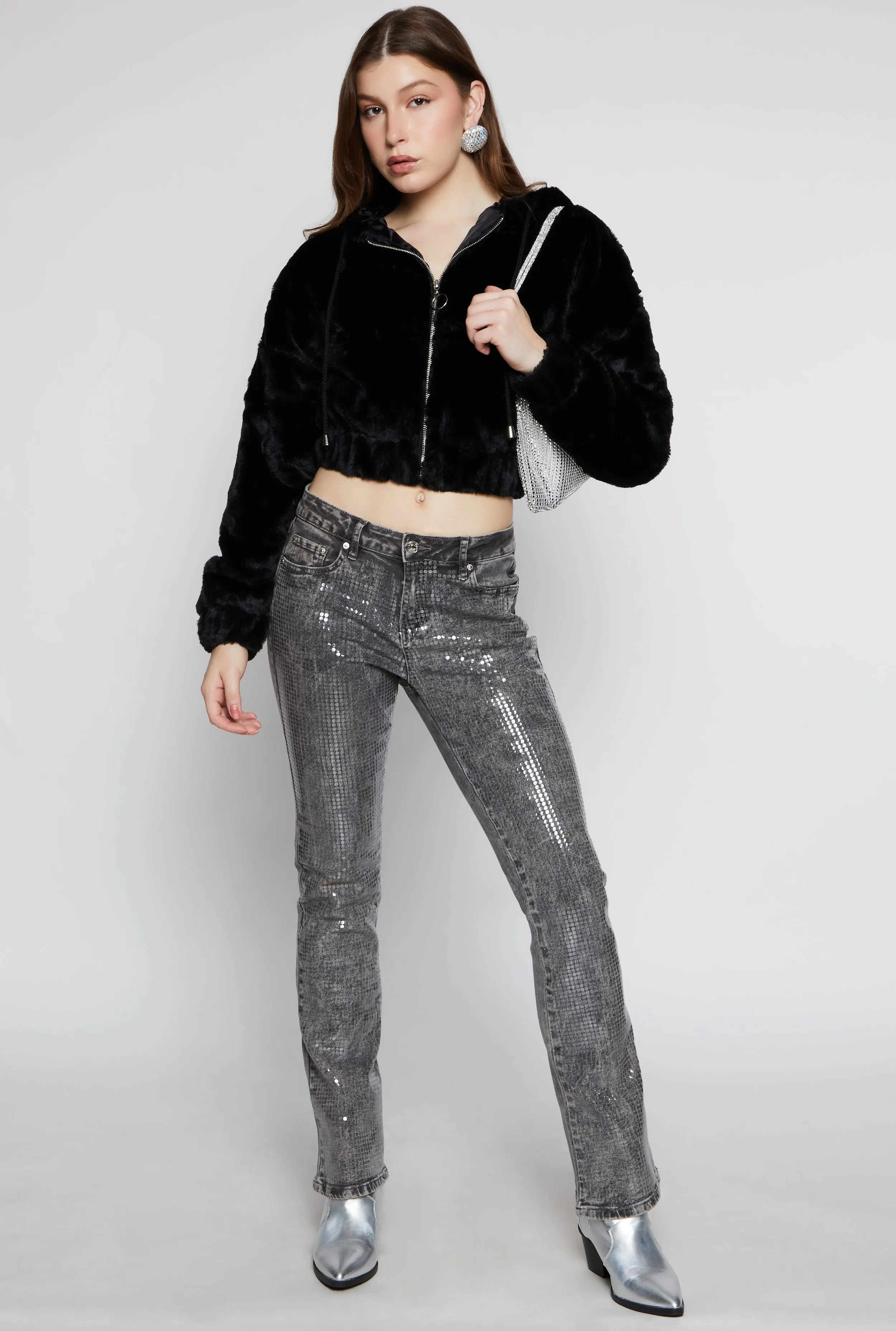 Faux Fur Zip Front Hooded Cropped Jacket sold by Rainbow product image thumbnail 2