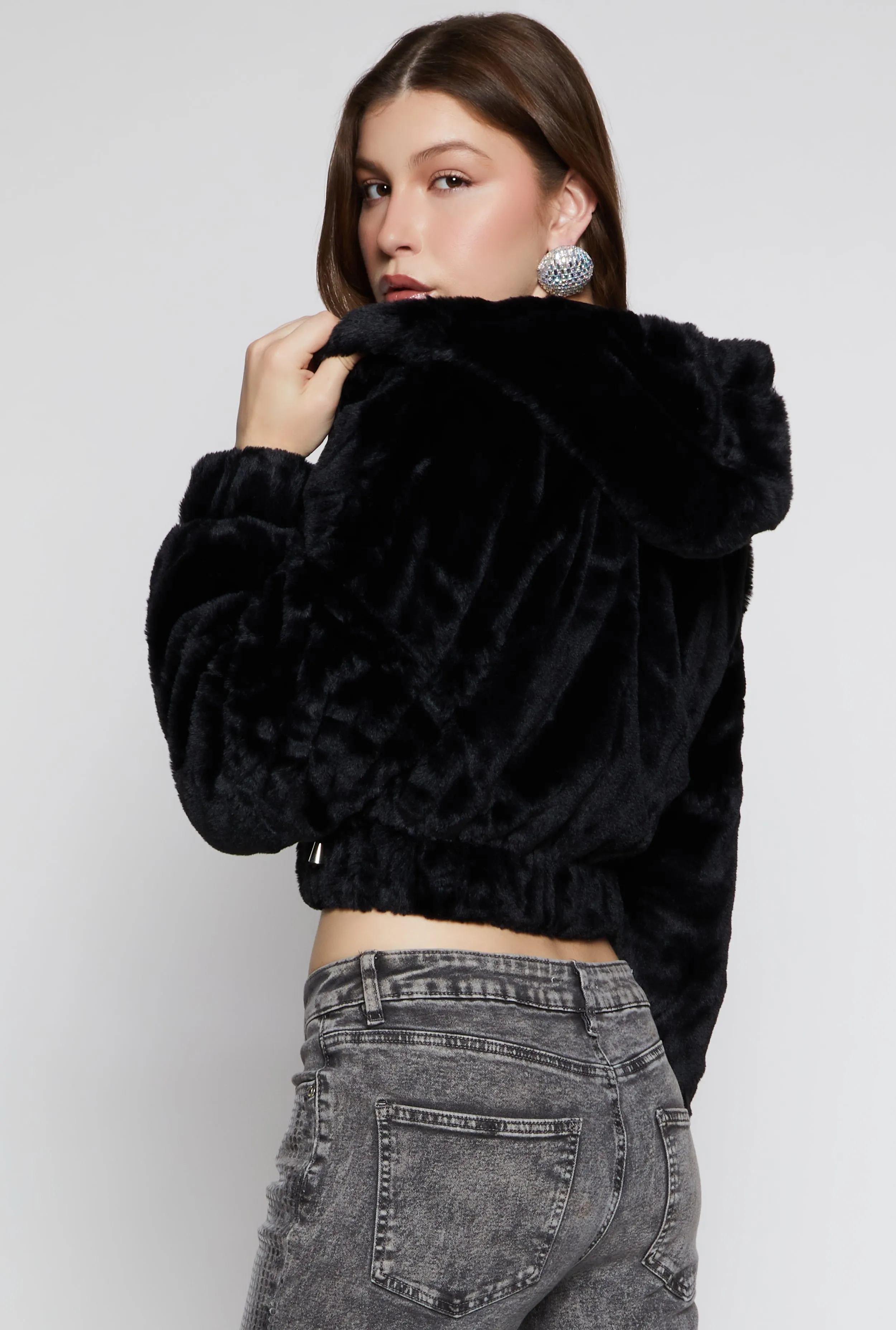Faux Fur Zip Front Hooded Cropped Jacket sold by Rainbow product image thumbnail 3