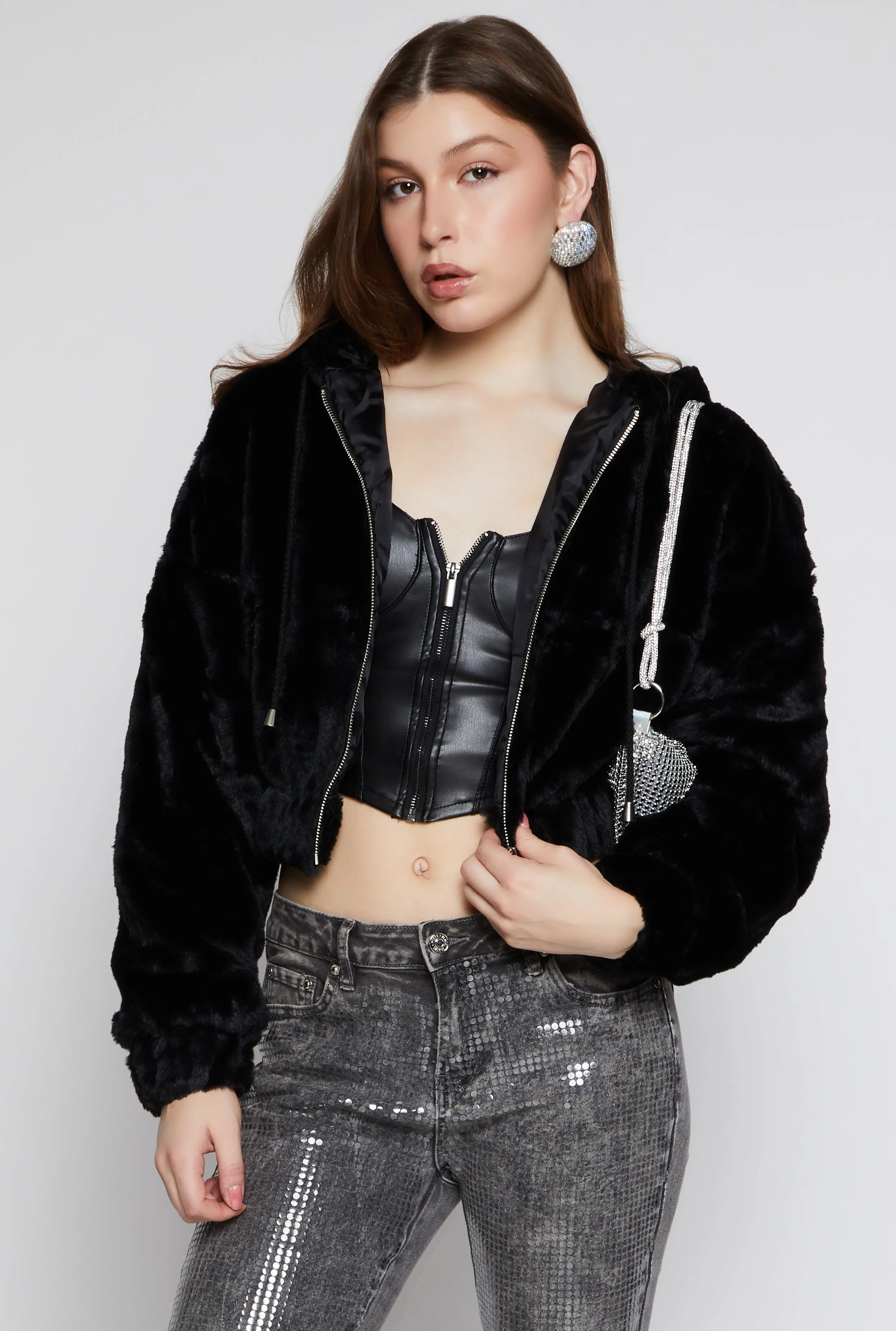 Faux Fur Zip Front Hooded Cropped Jacket sold by Rainbow
