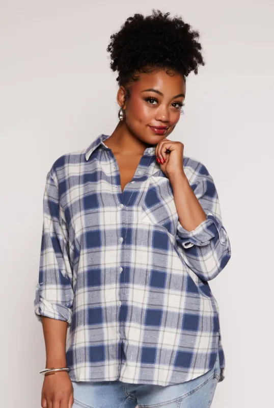 Plus Size Lurex Plaid Tabbed Sleeve Shirt sold by Rainbow