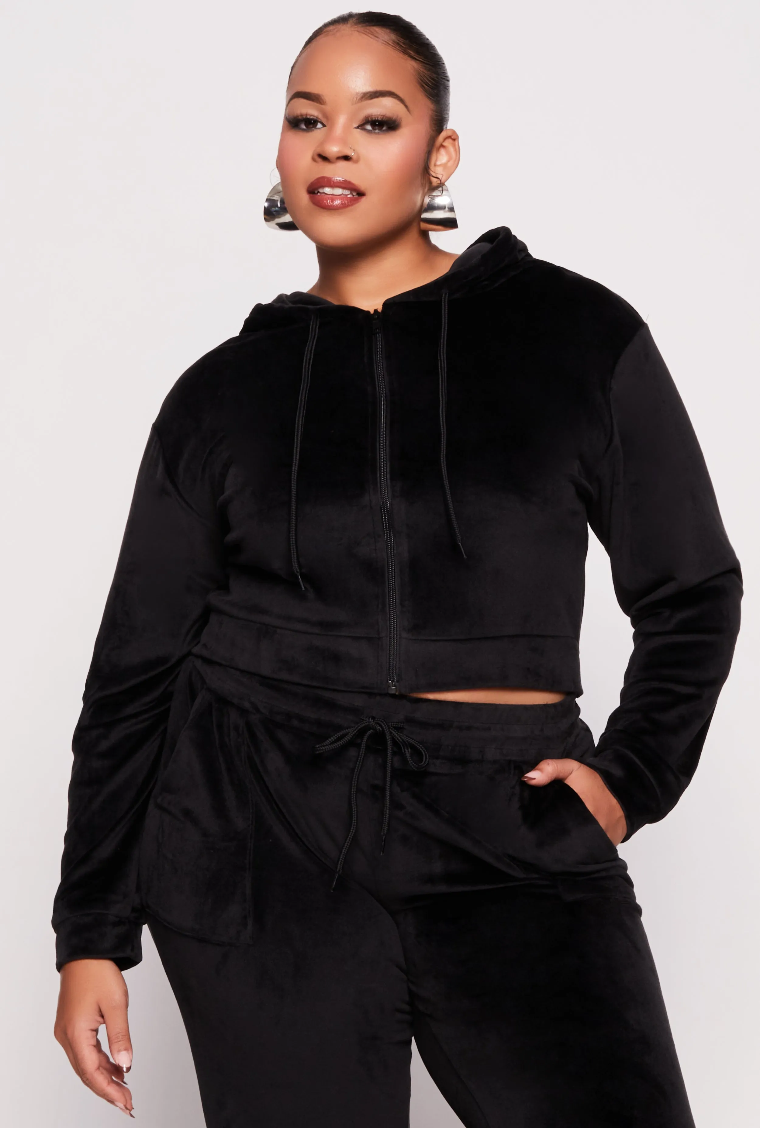 Plus Size Velour Cropped Zip Front Hoodie sold by Rainbow