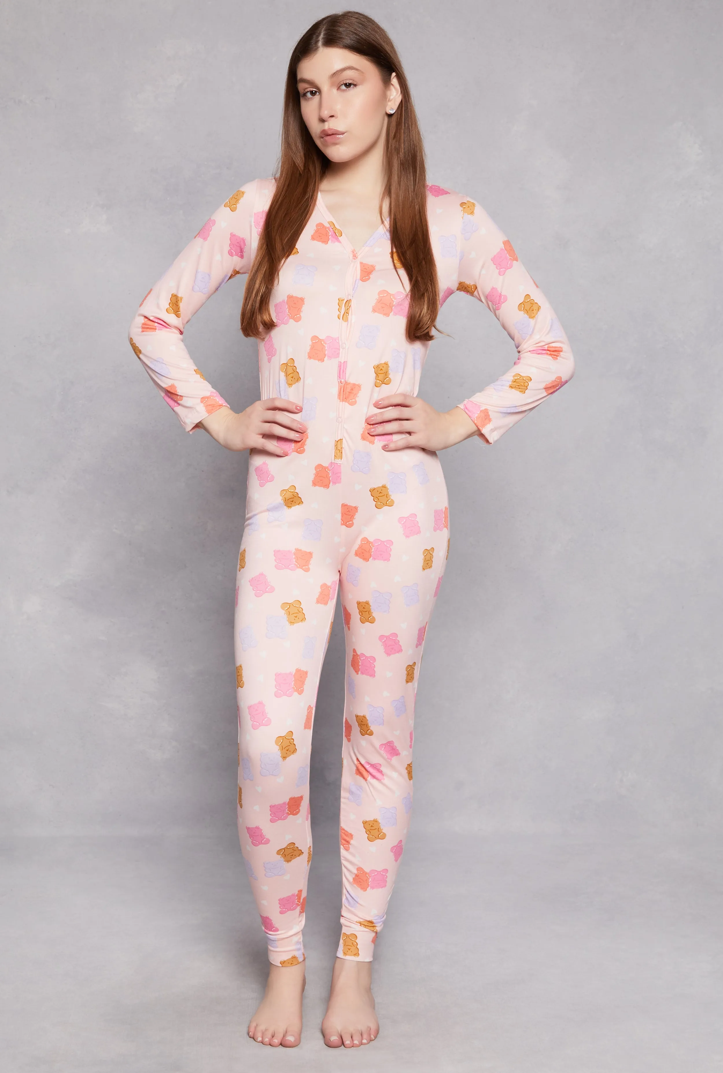 Teddy Print Button Front Pajama Onesie sold by Rainbow