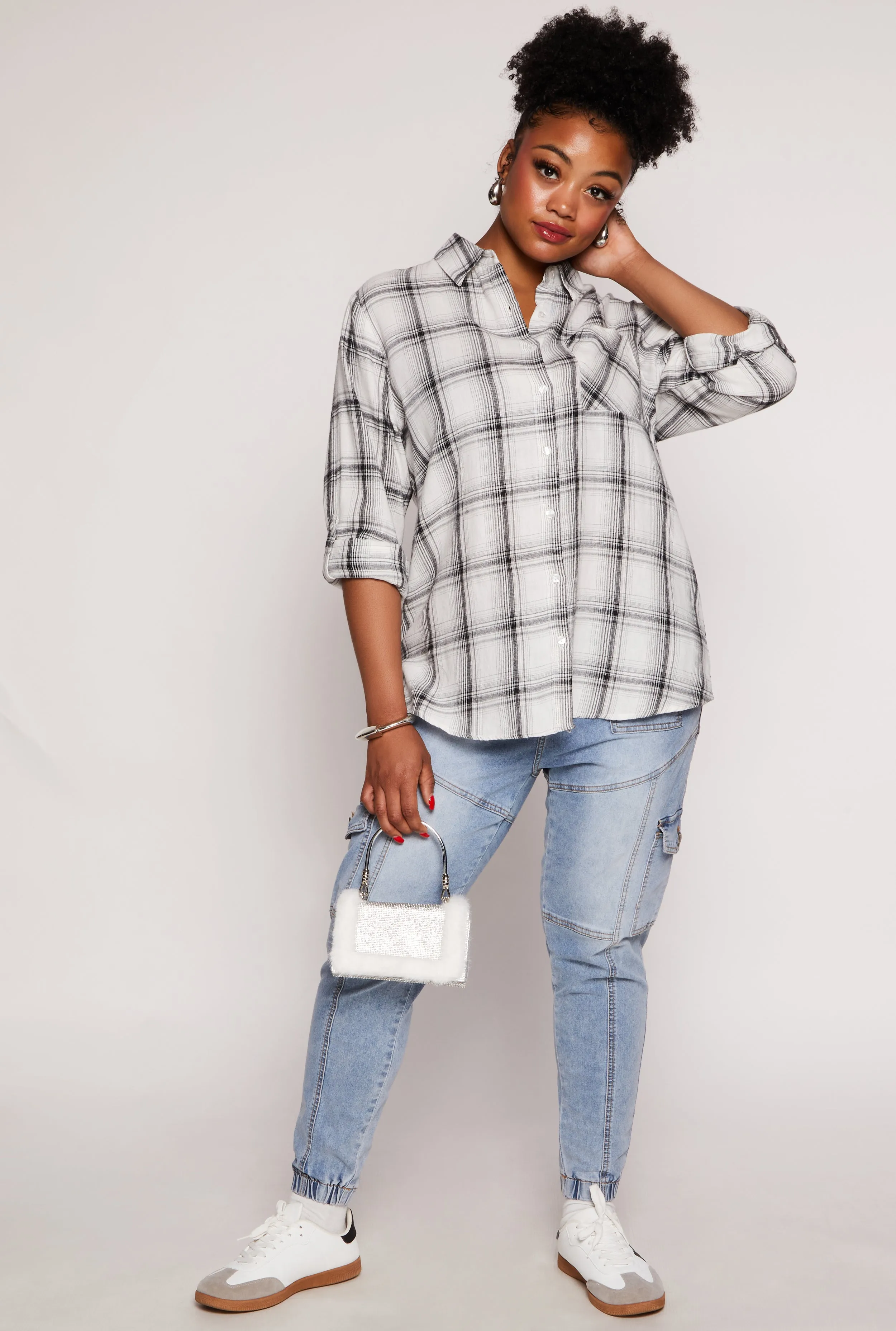 Plus Size Lurex Plaid Tabbed Sleeve Shirt sold by Rainbow product image thumbnail 2