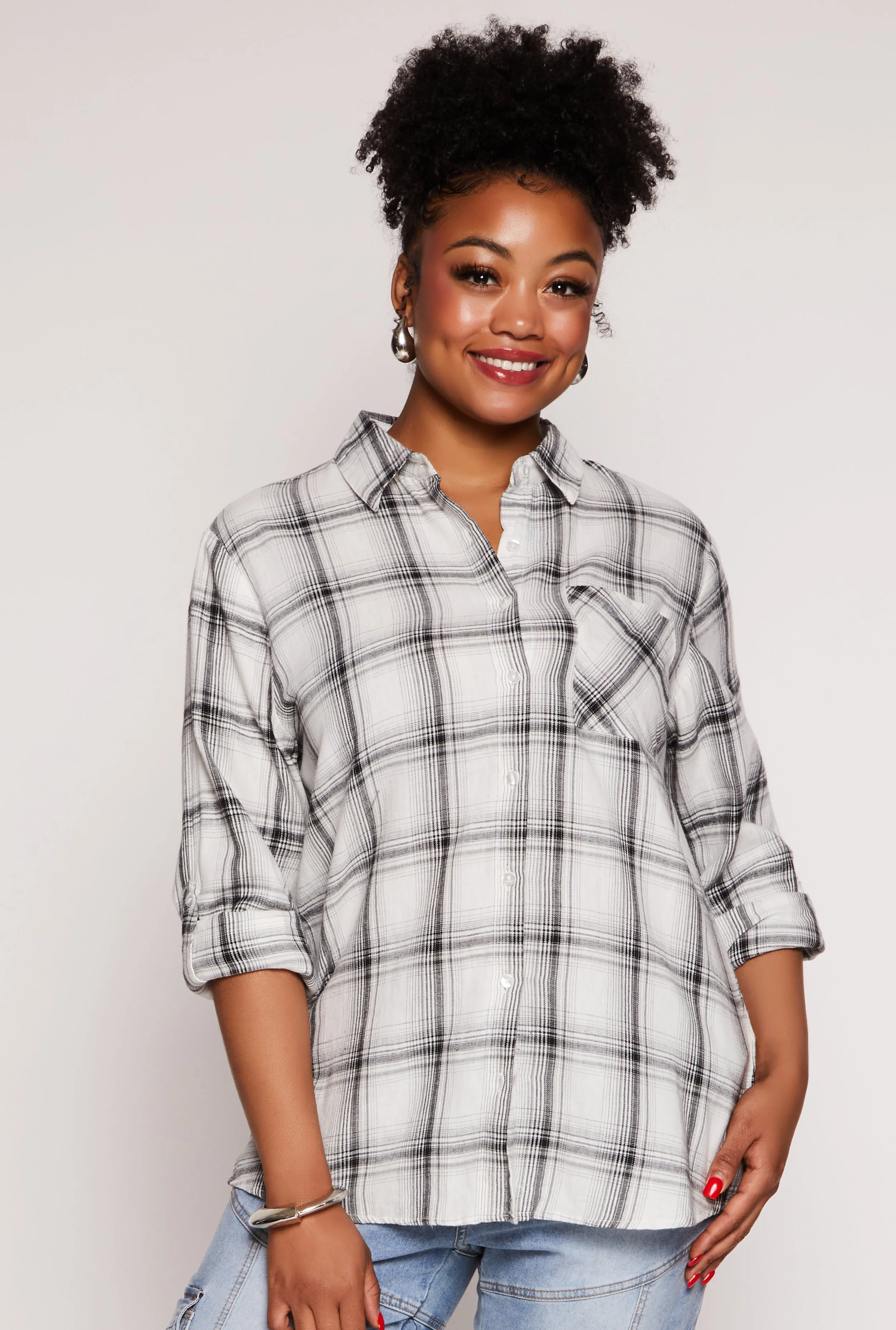 Plus Size Lurex Plaid Tabbed Sleeve Shirt sold by Rainbow