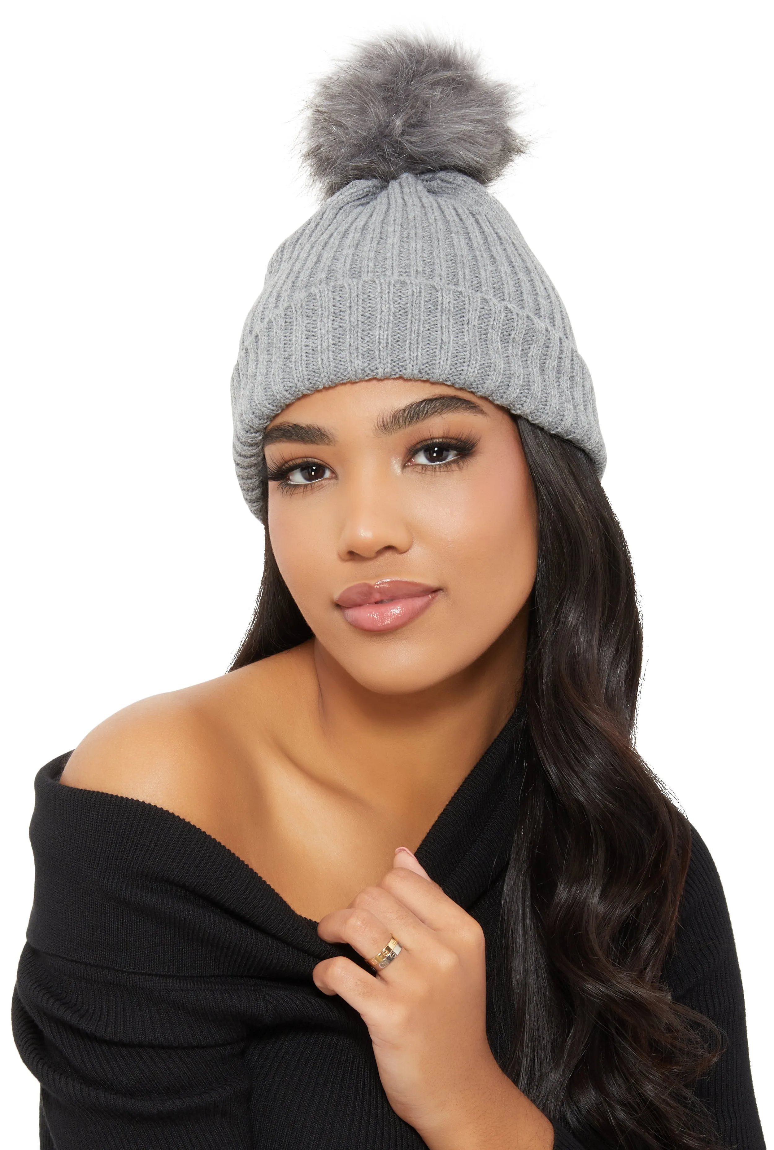 Ribbed Knit Faux Fur Pom Pom Beanie sold by Rainbow
