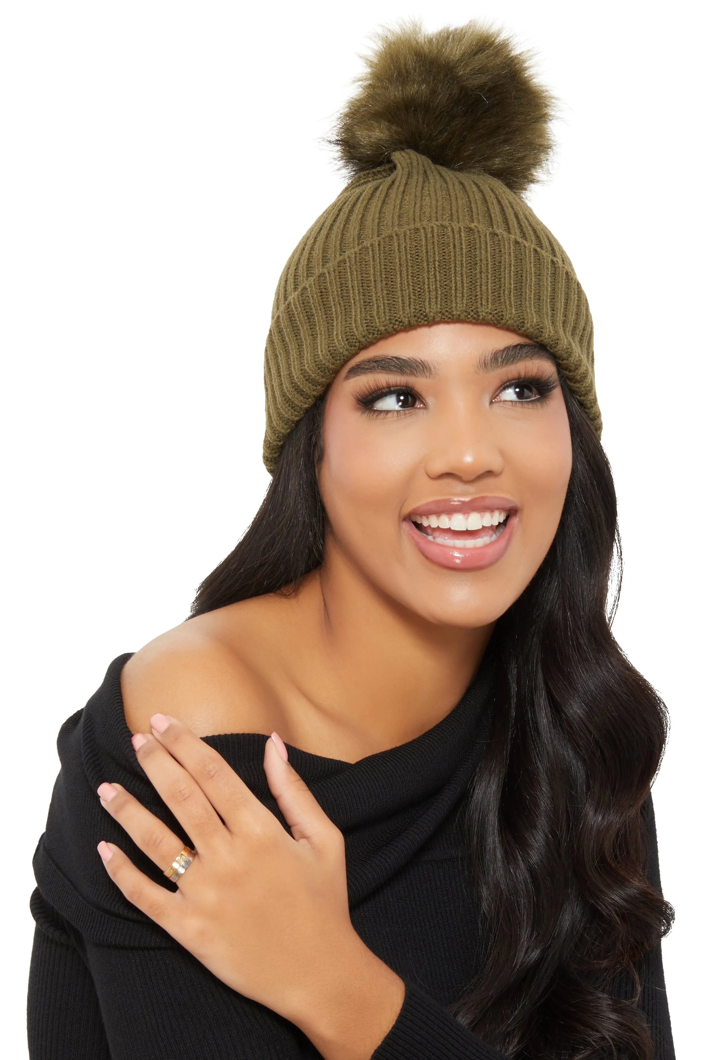 Ribbed Knit Faux Fur Pom Pom Beanie sold by Rainbow