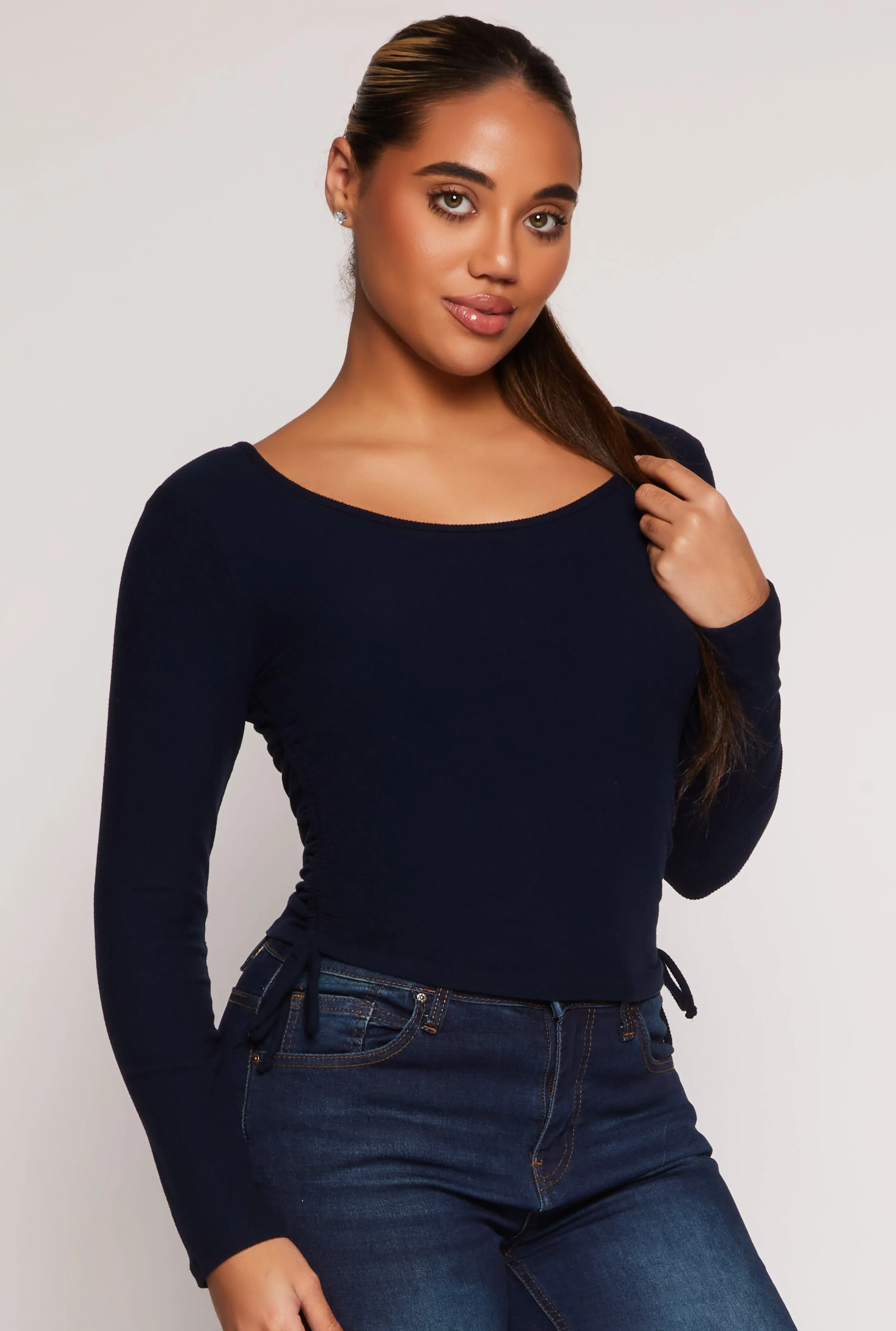 Side Tie Ruched Long Sleeve Top sold by Rainbow