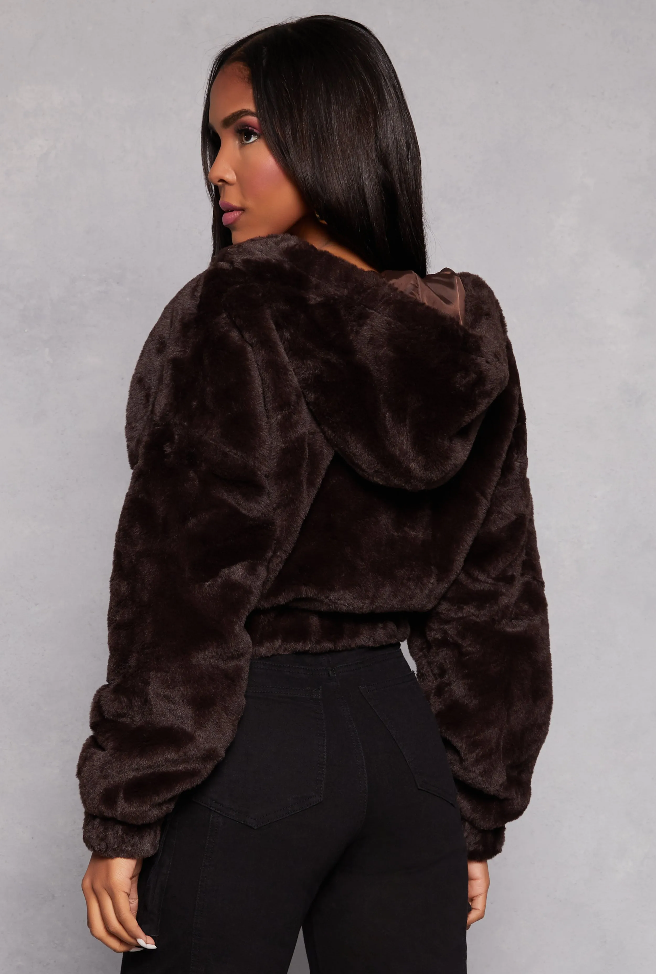 Faux Fur Zip Front Hooded Cropped Jacket sold by Rainbow product image thumbnail 3