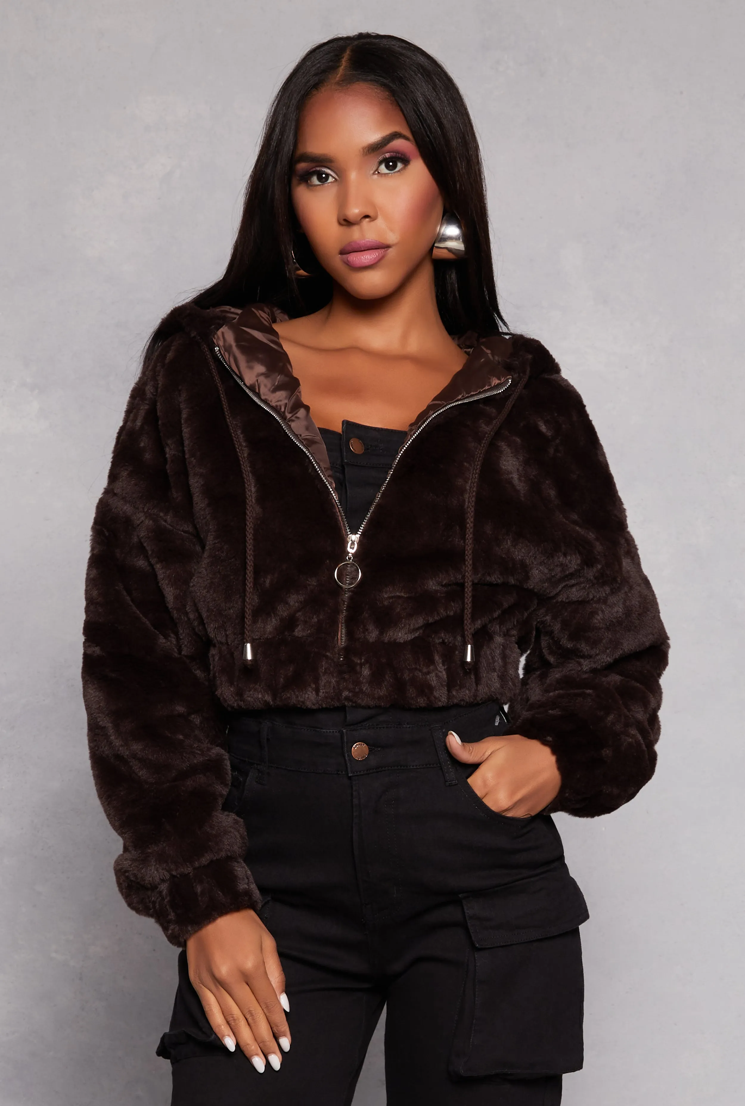 Faux Fur Zip Front Hooded Cropped Jacket sold by Rainbow