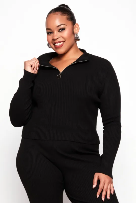 Plus Size Ribbed Knit Zip Neck Sweater sold by Rainbow