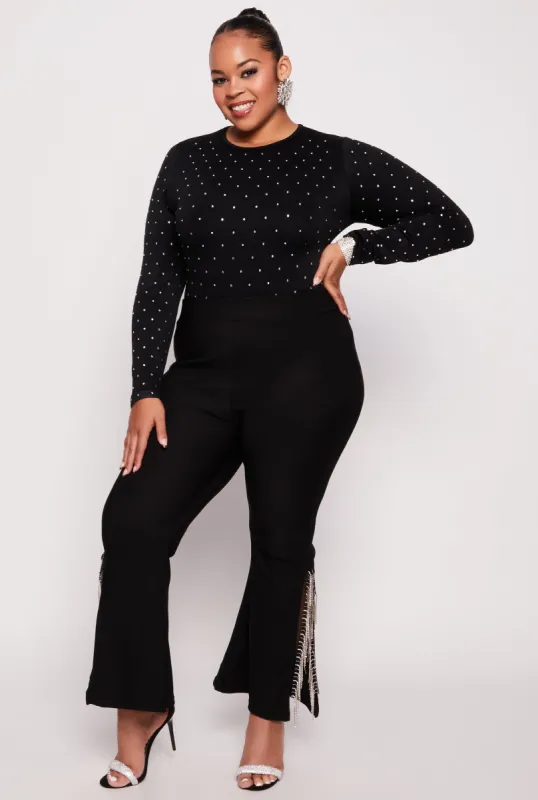 Plus Size Rhinestone Fringe Slit Hem Pants sold by Rainbow
