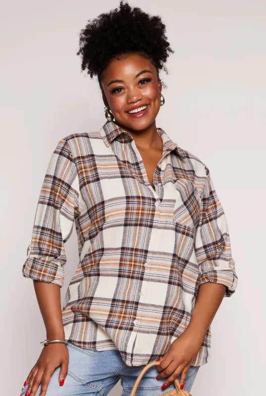 Plus Size Lurex Plaid Tabbed Sleeve Shirt sold by Rainbow