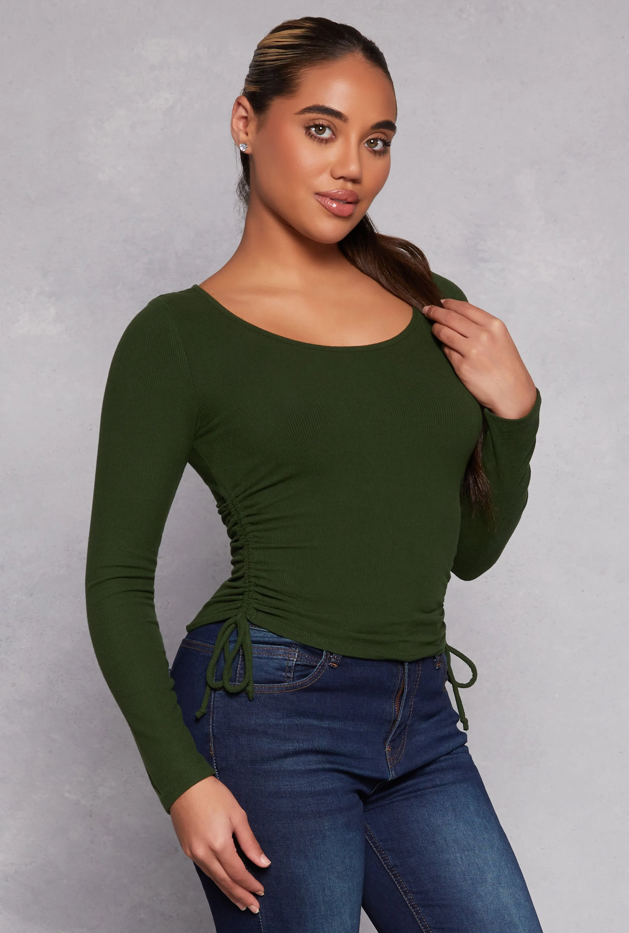 Side Tie Ruched Long Sleeve Top sold by Rainbow