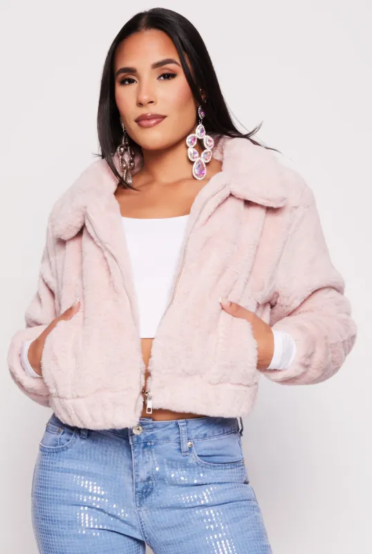 Faux Fur Zip Front Cropped Jacket sold by Rainbow
