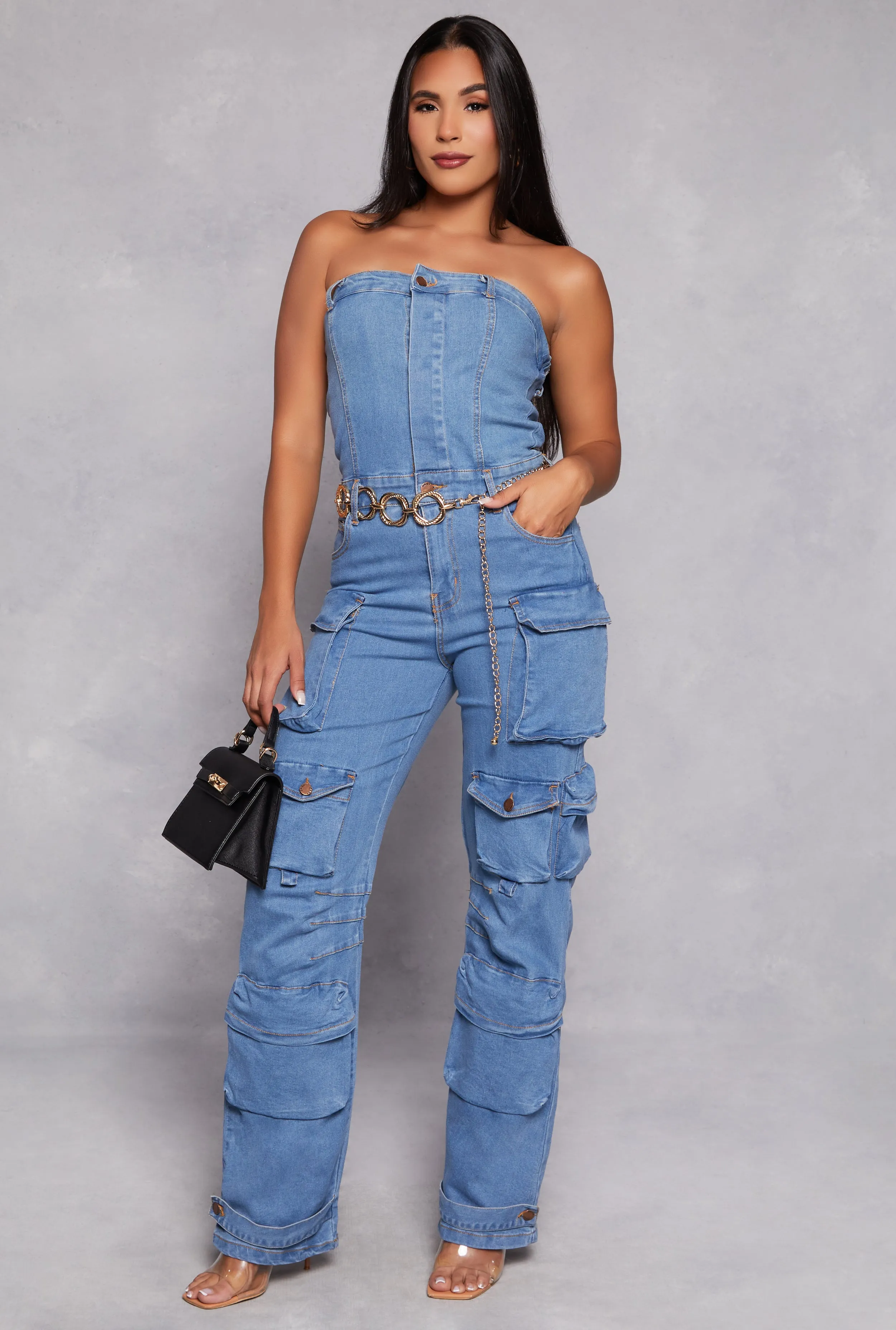 Daisy Denim Strapless Utility Jumpsuit sold by Rainbow